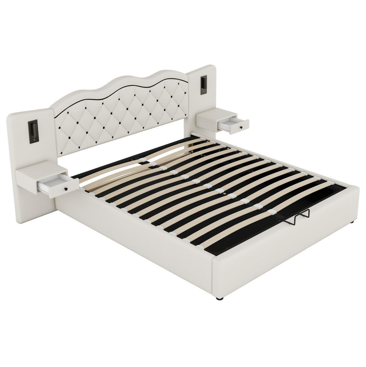 POLSTERBETT 180/200 cm mit USB-Anschluss, Beleuchtung und hydraulischem Bettkasten aus Leinenimitat/MDF, Beige - Beige, Textil (180/200cm) - Redom