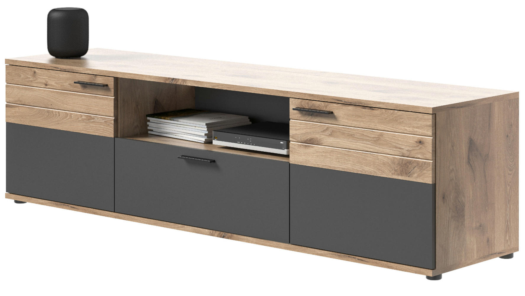 TV-LOWBOARD Eiche, grau 194 cm, XL Flat TV Unterschrank mit Soft-Close - Eichefarben/Schwarz, Holzwerkstoff/Kunststoff (194/53/47cm) - Inn.Furn