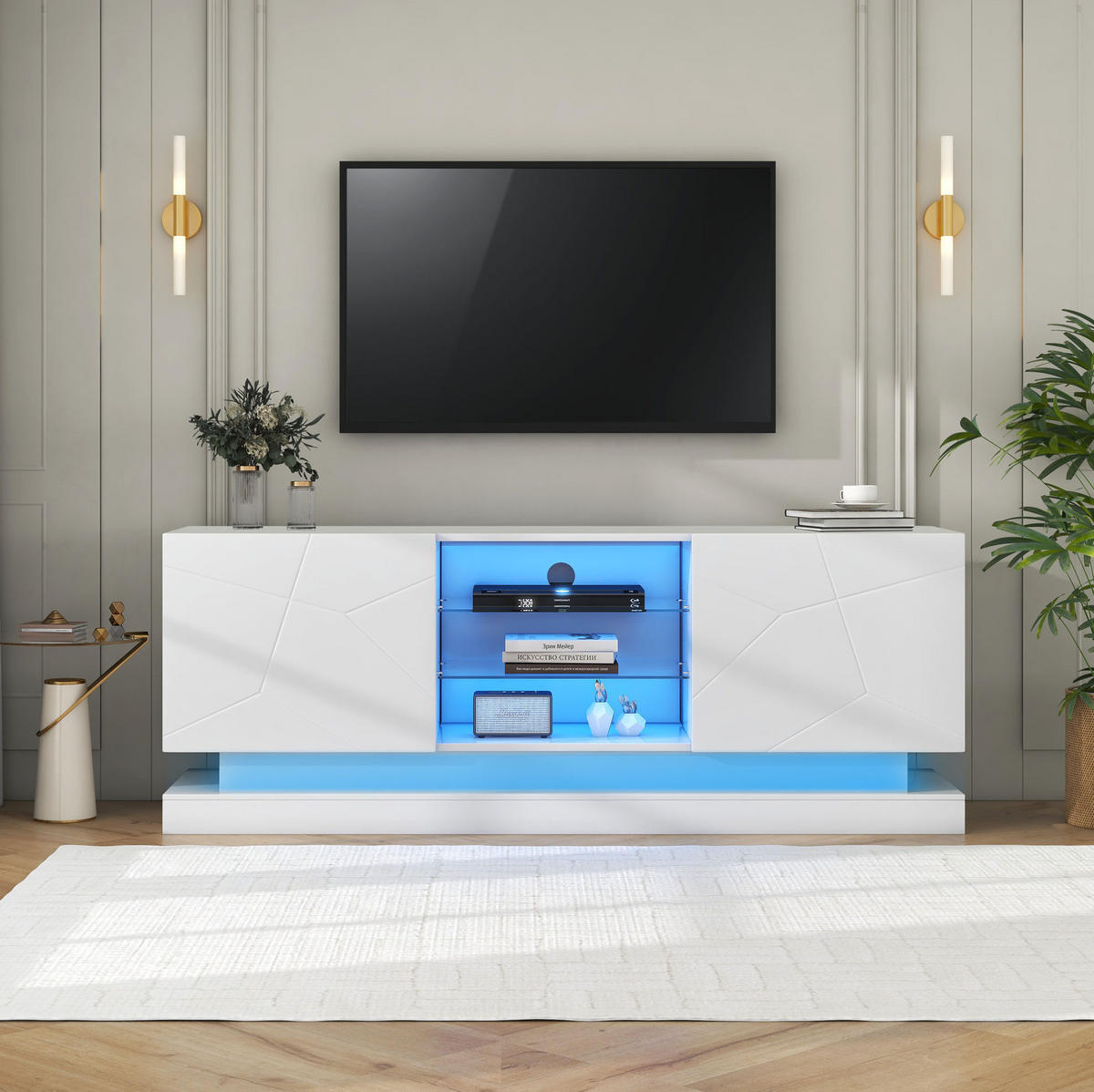 TV-ELEMENT mit Glasablage 160 cm Weiß Spanplatte - Weiß, Holzwerkstoff (38.5/60/160cm) - Beauniv