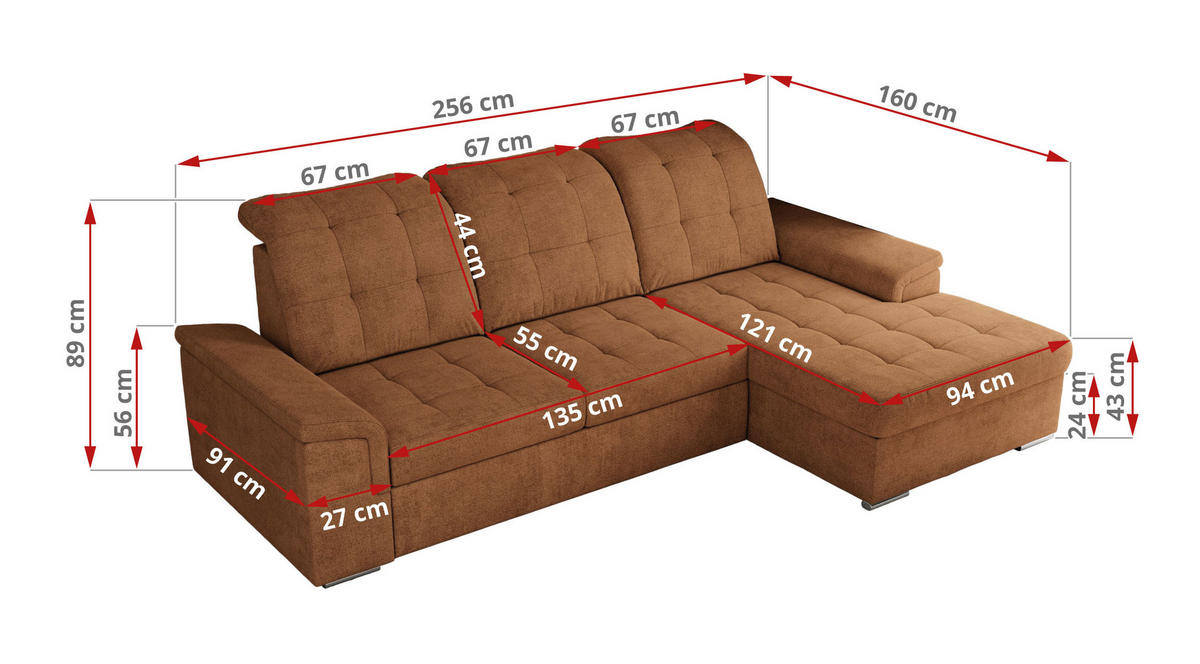 ECKSOFA MADRITO L - Orange Struktur - Links - Silberfarben/Orange, Textil/Metall (160/256cm)