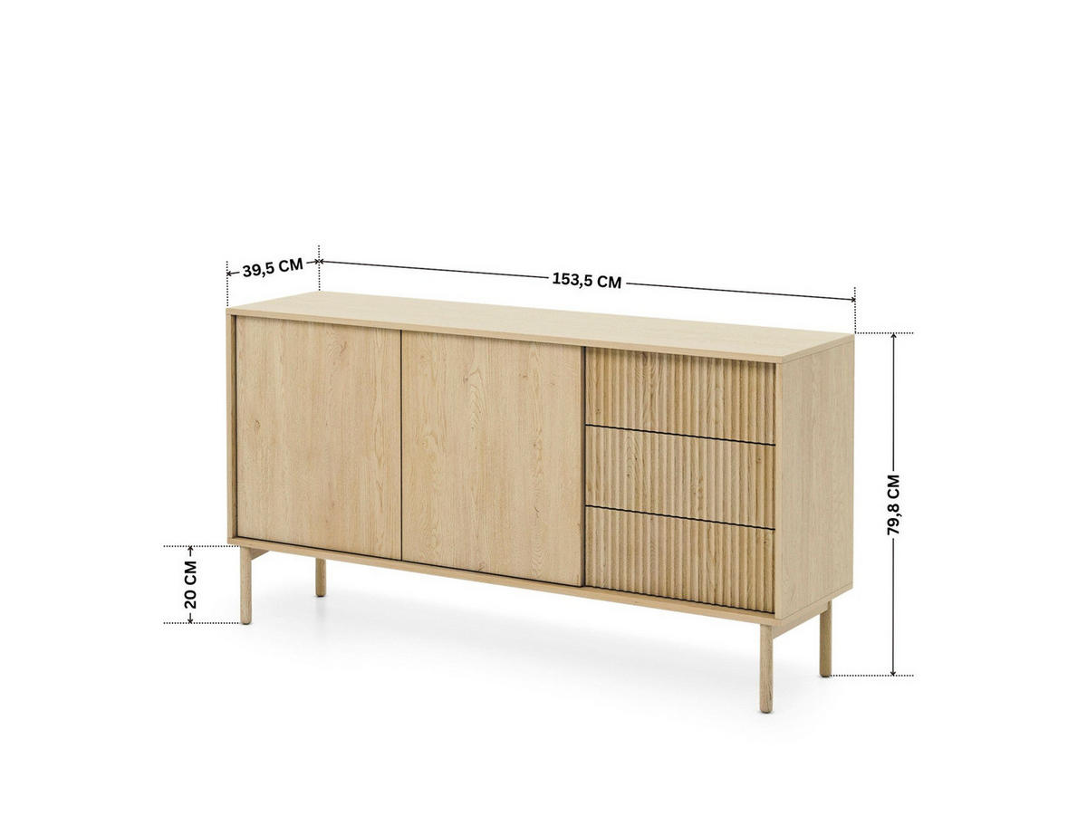 SIDEBOARD TAVO 153 cm Eiche Cremona - mit 2 Türen (links) und 3 Schubladen (rechts) - Eichefarben, Holz/Holzwerkstoff (153/80/39cm) - Ravio