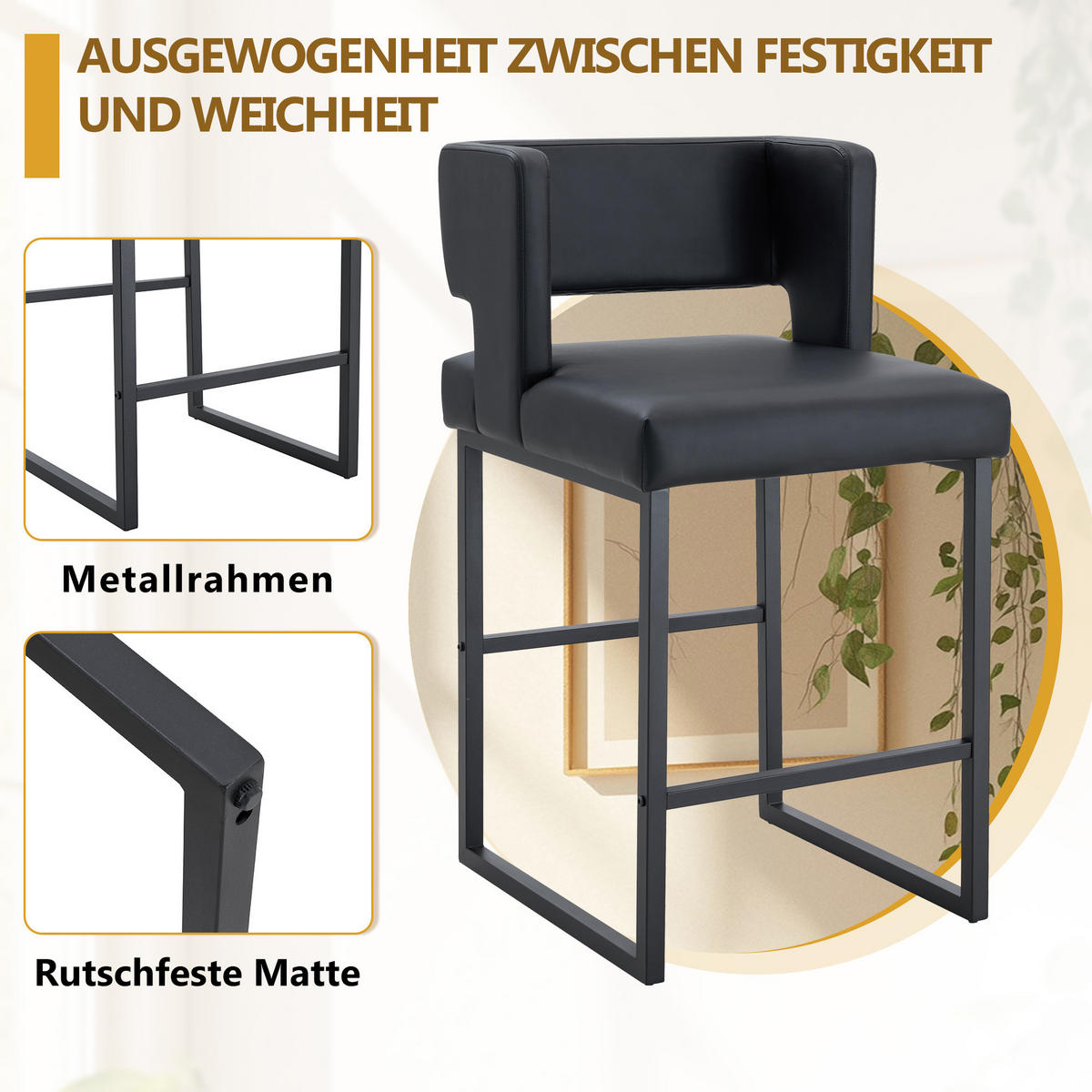 BARHOCKER 2er-Set Schwarz mit PU-Leder und Metallbeinen - Schwarz, Metall (48/91.4/53.3cm) - PANGIVO