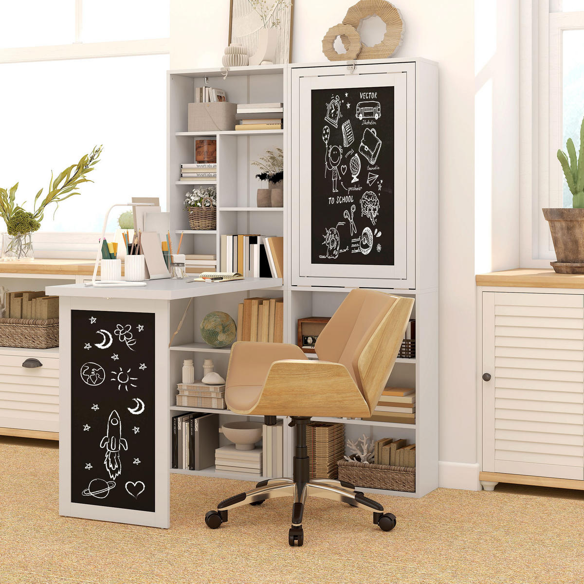SCHREIBTISCH Holzoptik klappbar mit Regal und Tafel 98/51/153 cm - Weiß, Holzwerkstoff (51/98/153cm) - PANGIVO