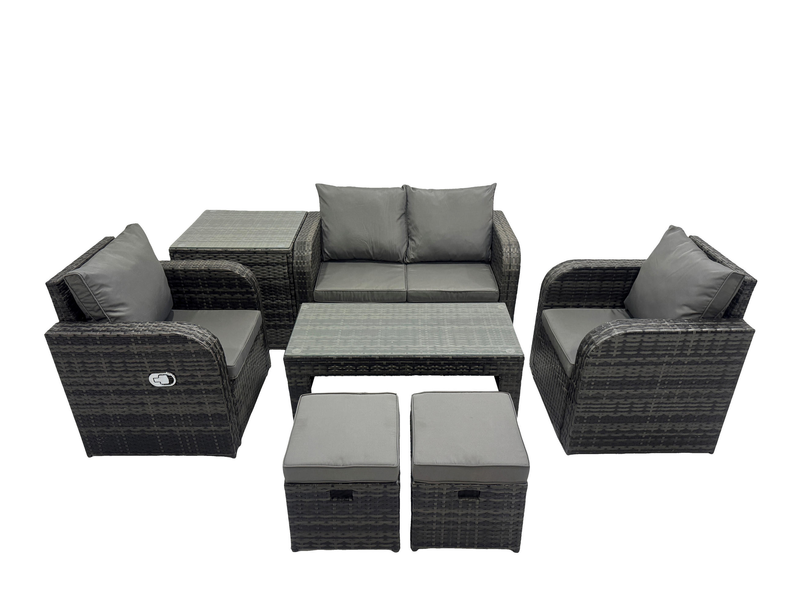 GARTENSOFA SET mit COUCHTISCH Polyrattan 6-Sitzer - Dunkelgrau/Grau, Glas/Kunststoff - Fimous