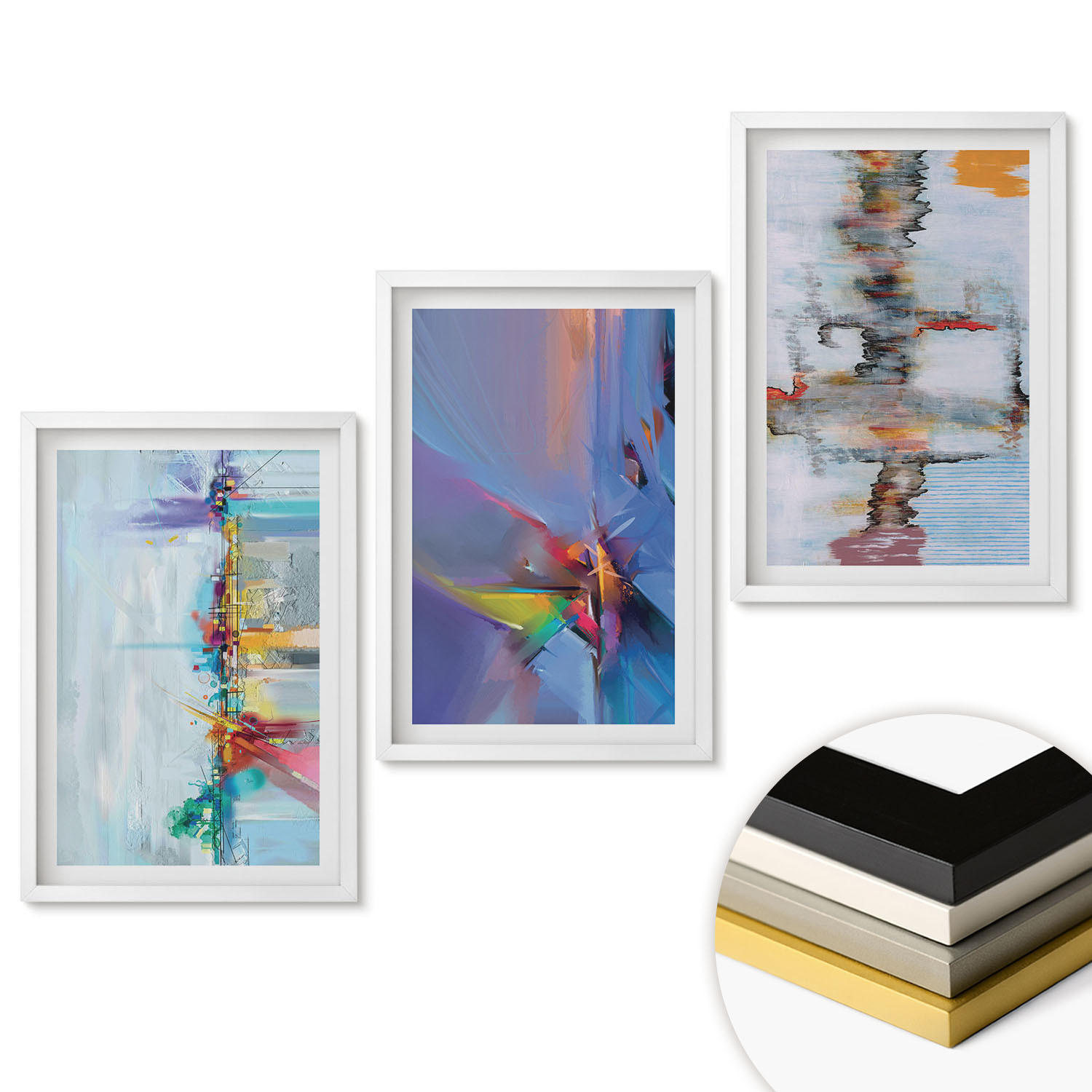 WANDBILDER 3er-Set - 40x60 cm Weißer Rahmen - Abstrakte Gemäldekompositionen - Weiß, Kunststoff (40/60cm) - ArtPrintCave