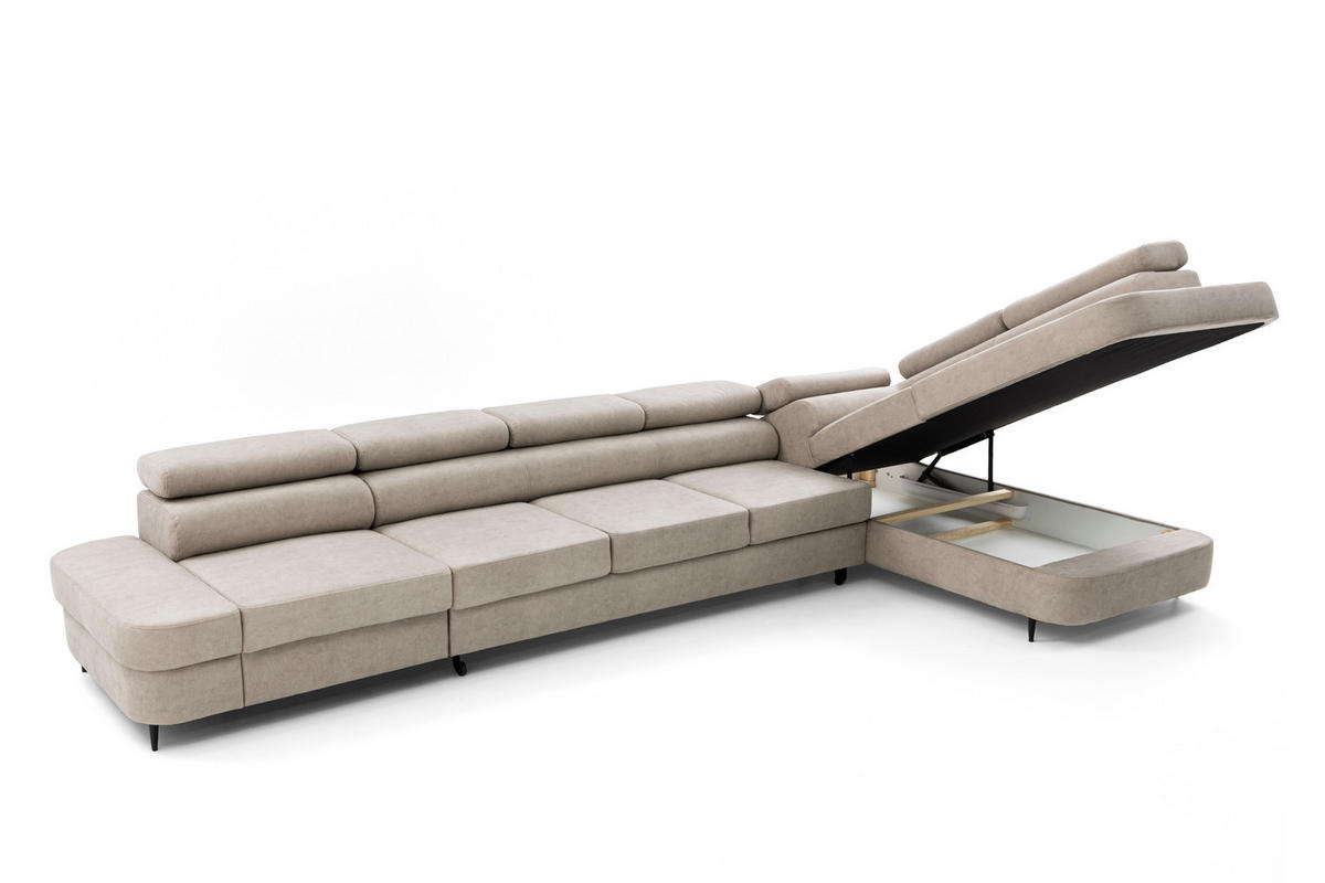 ECKSOFA PRIAM XXL L-Form Rechts mit Schlaffunktion 125x265 Velours Creme - Creme/Schwarz, Holz/Textil (203/420cm) - Muffo