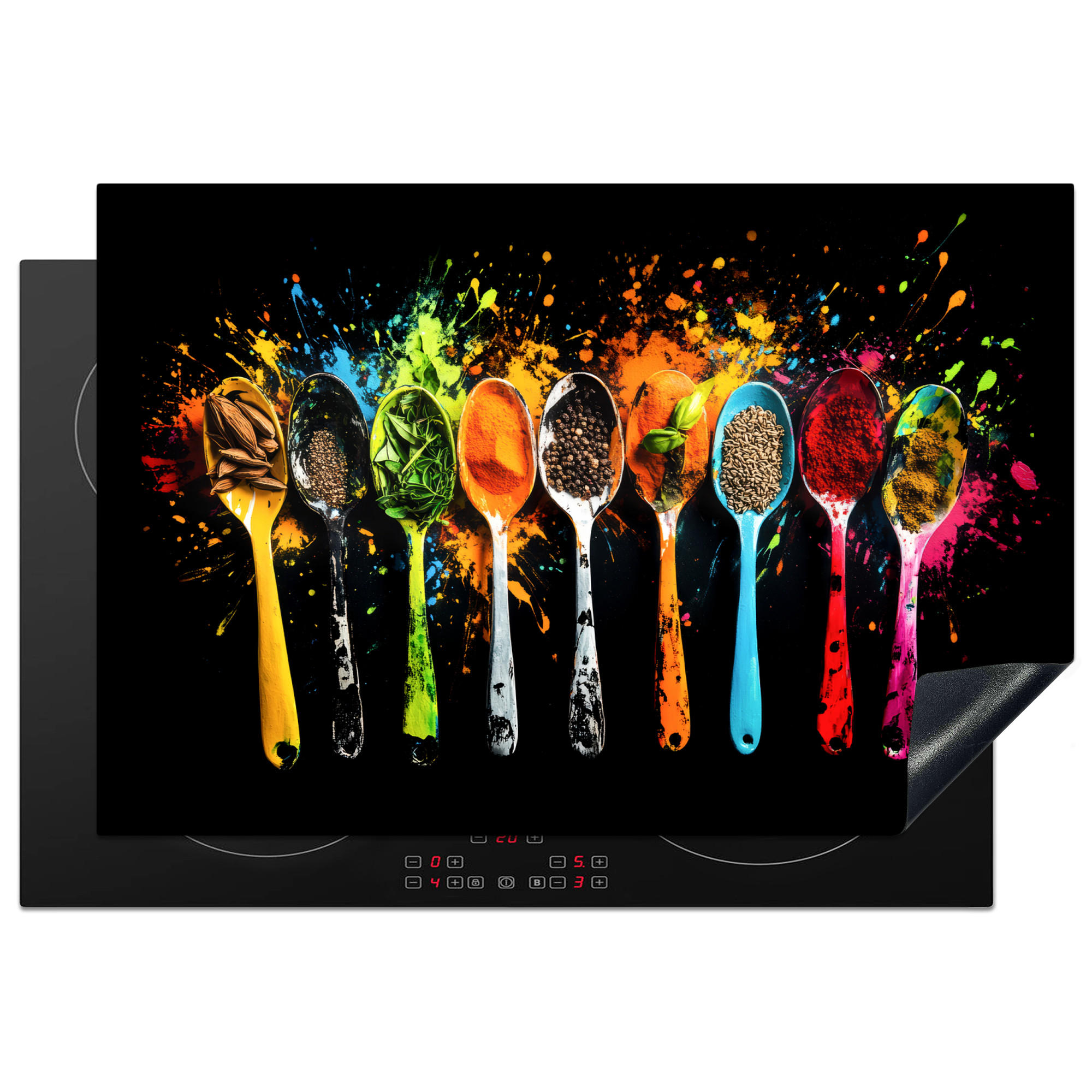 MuchoWow KRYT NA INDUKČNÍ DESKU Lžičky - koření - moderní - graffiti - barva - barevné 76x51.5 cm