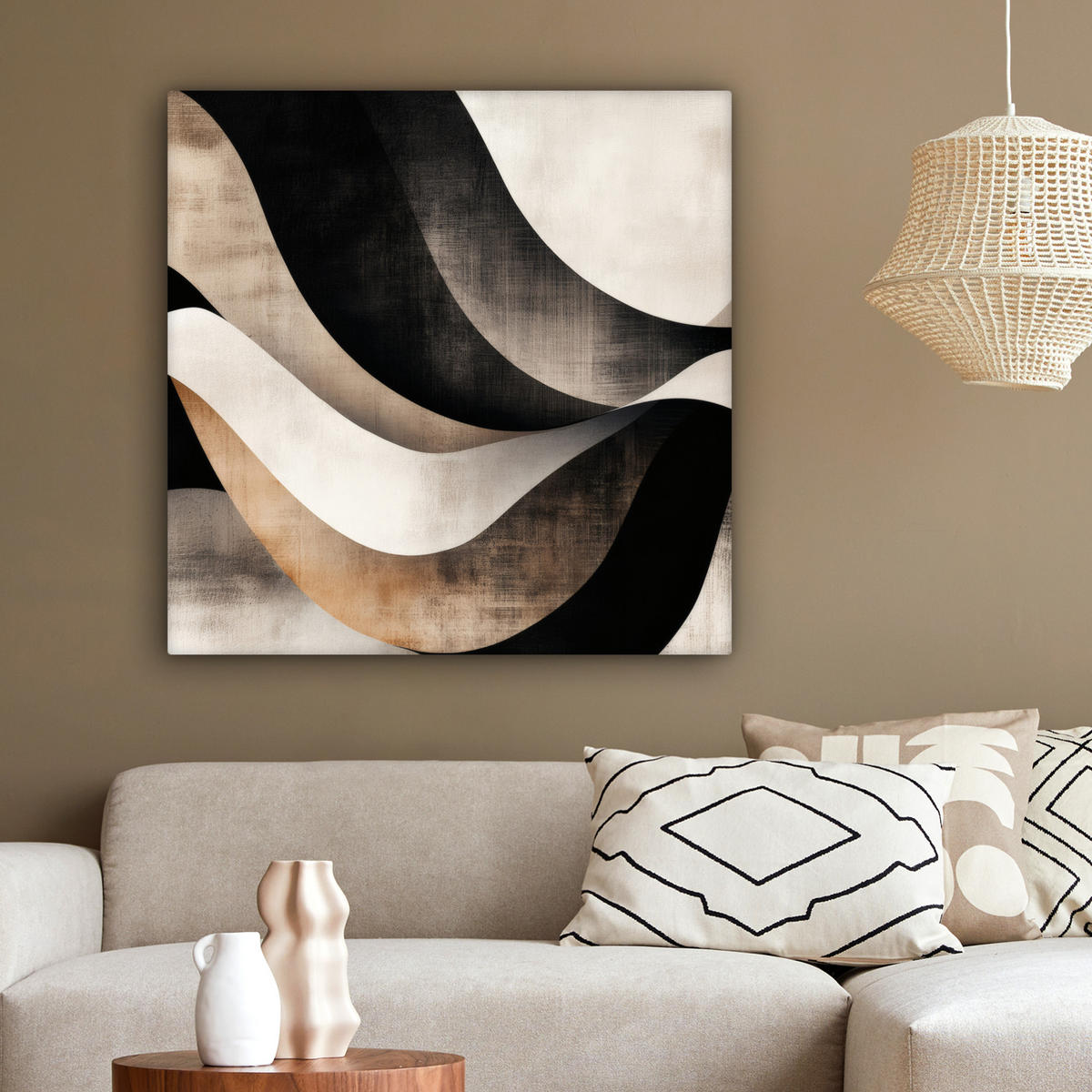 LEINWANDBILD Abstrakt - Wellen - Schwarz - Verwittert 90x90 cm - Trüffeleichefarben, Textil (90/90cm) - MuchoWow