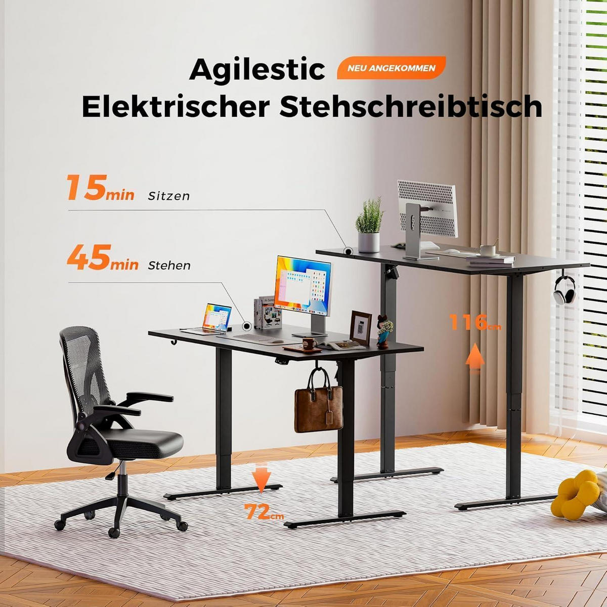 SCHREIBTISCH Höhenverstellbar Elektrisch 180 x 80 cm Schwarz - Schwarz, Holzwerkstoff (180/80/75cm)