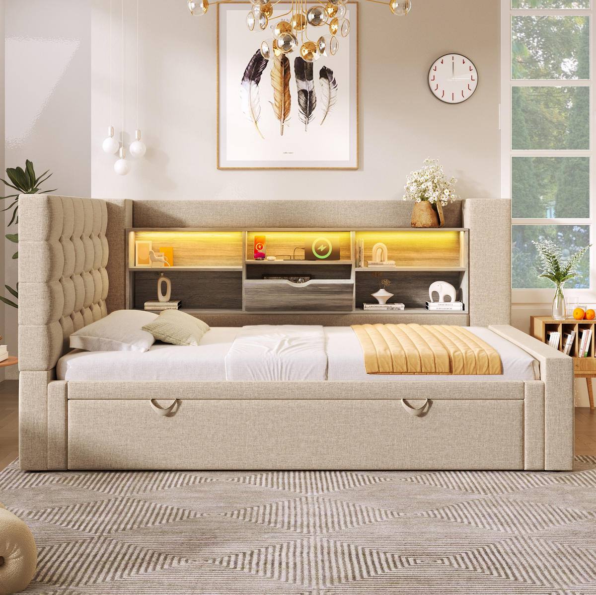 BETT mit Ausziehbett und Stauraum 90x200 cm Leinen Beige - Beige, Metall (90/200cm) - Meubliv