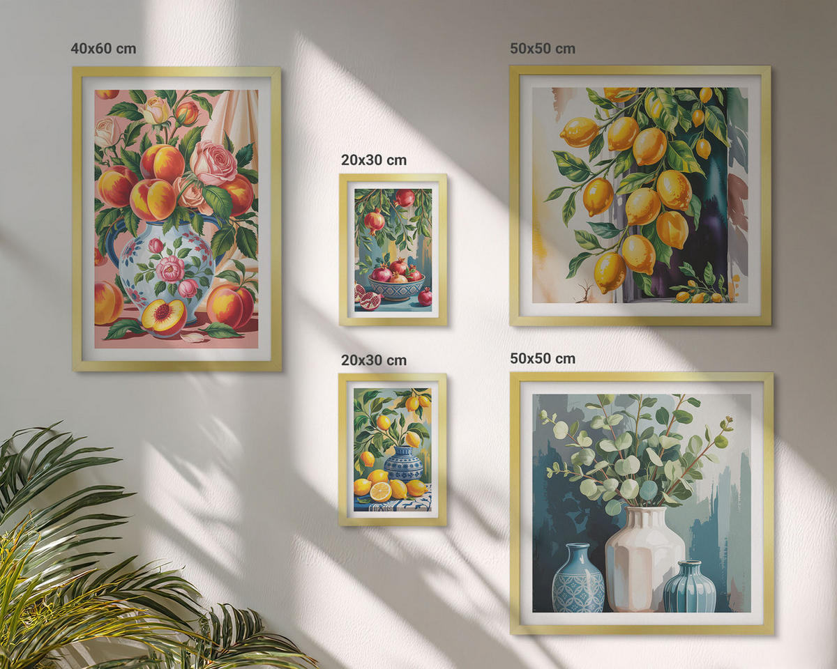 WANDBILDER 5er Set - 50x50 cm & 20x30 cm & 40x60 cm Goldrahmen - Amalfi-Zitronen und -Orangen - Goldfarben, Kunststoff (40/60cm) - ArtPrintCave