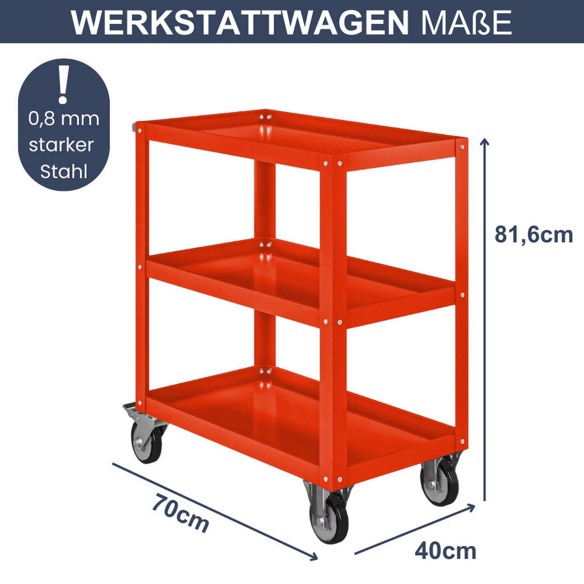 TISCHWAGEN mit Rollen Werkstattwagen AGUS 81,6x70x40cm Rot - Rot, Metall (70/81.6/40cm) - DELUKE