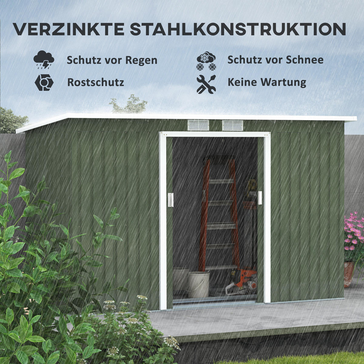 GERÄTEHAUS, Geräteschuppen mit Schiebetür, Pultdach, Stahl, Hellgrün - Hellgrün, Metall (130/172/280cm) - Outsunny