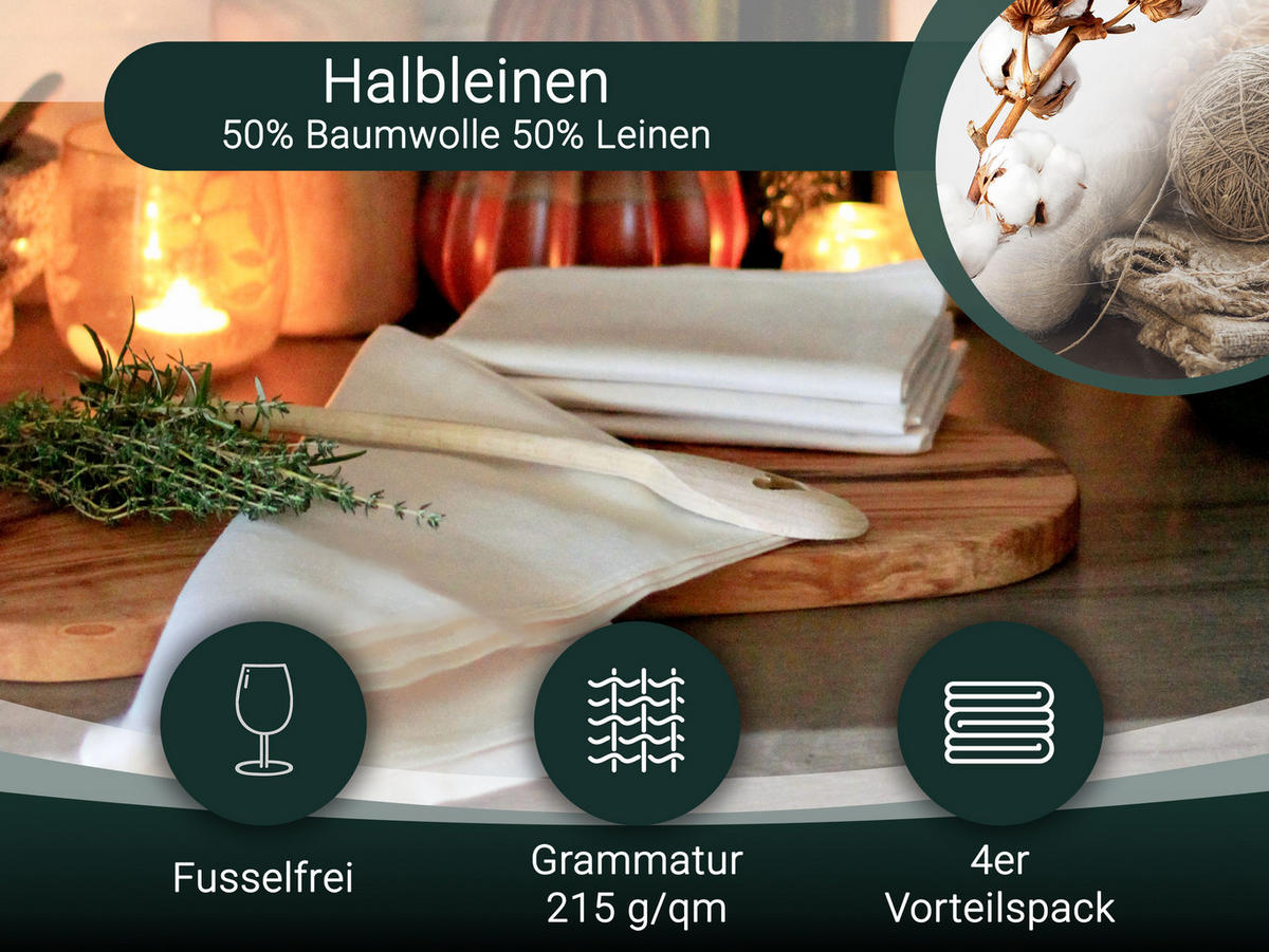 GESCHIRRTÜCHER, 4er-Set, 50x70 cm, 50% Baumwolle, 50% Leinen, Weiß - Creme, Textil (50/70cm) - Zollner