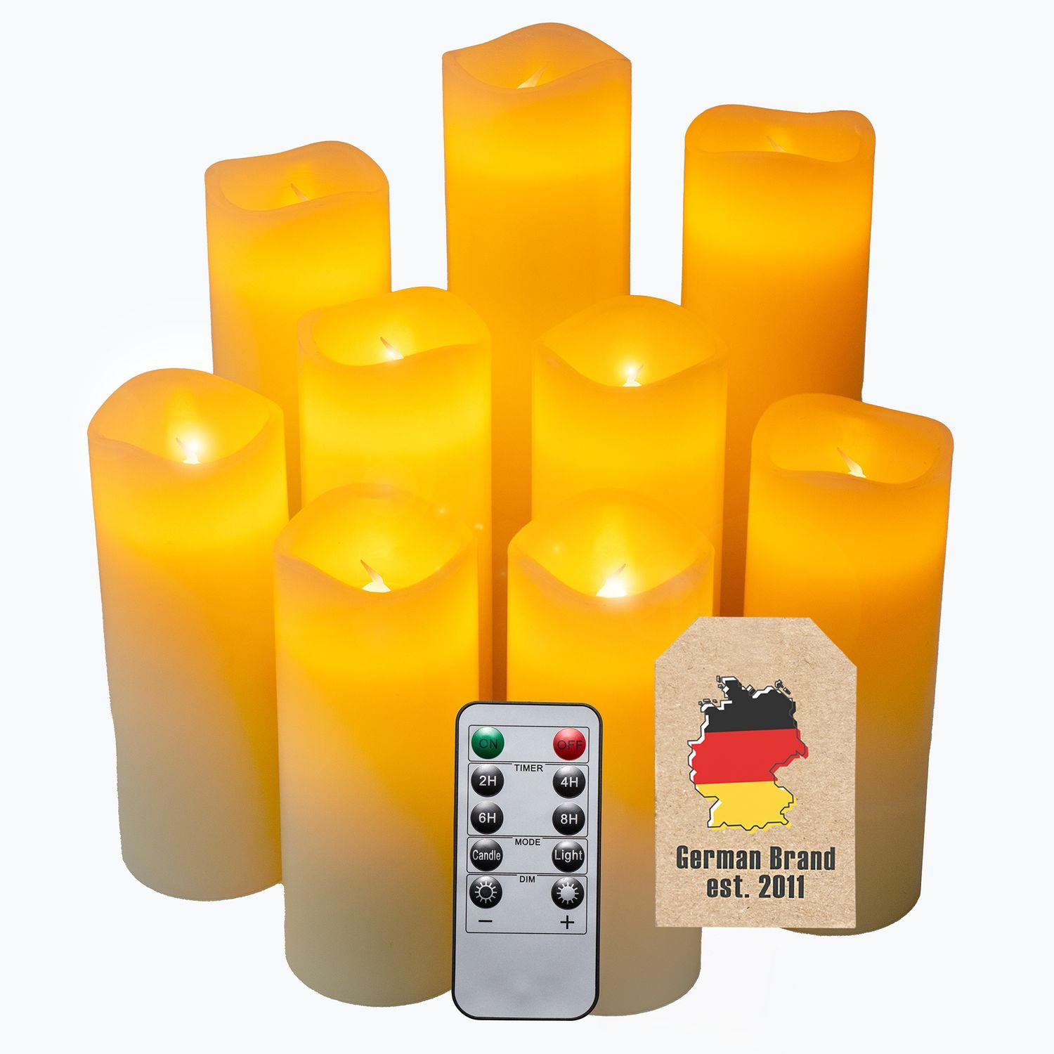 LED KERZEN Set inkl. Fernbedienung (9er-Set) - Weiß, Naturmaterialien (5.5/5.5/22cm) - Intirilife