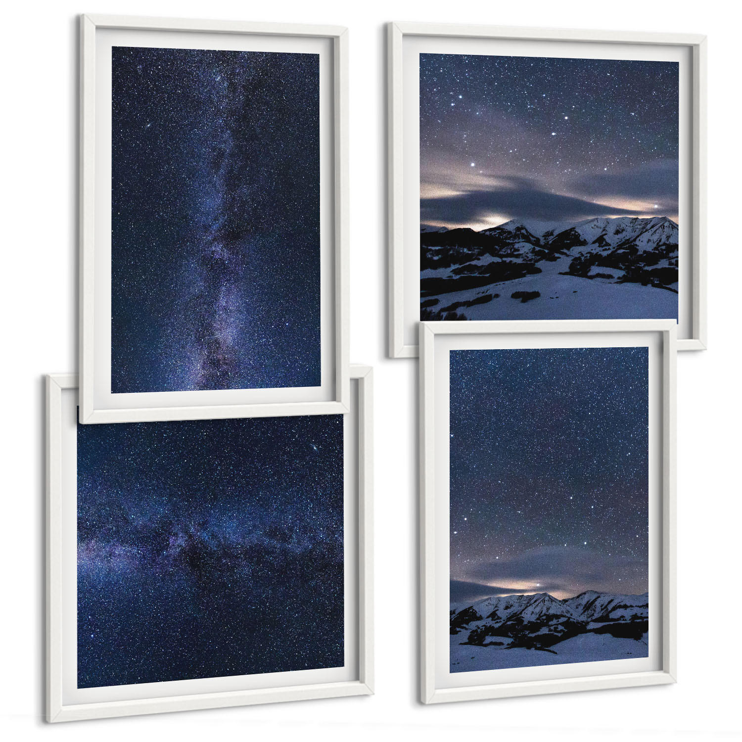 BILDER SET 4er Set - 50x50 cm & 40x60 cm Weißer Rahmen - Nachthimmel, Berge, Sterne - Weiß, Kunststoff (50/50cm) - TULUP