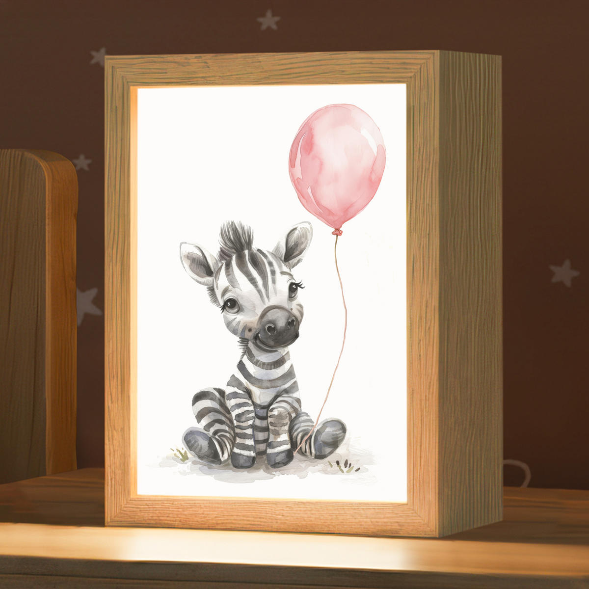 NACHTTISCHLAMPE Zebra - Baby - Tiere - Rosa Luftballon 15x20 cm - Weiß, Holzwerkstoff (8/15/20cm)