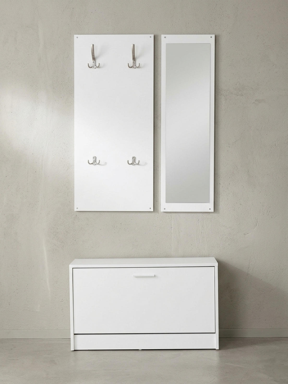 WANDGARDEROBE mit Spiegel, 10 Haken und Platz für 8 Paar Schuhe DELFT, Weiß 80x27x180 cm - Weiß, Holz (80/180/27cm) - KADIMA DESIGN