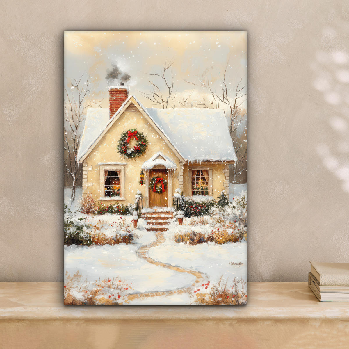 LEINWANDBILD Weihnachten - Zuhause - Winter - Schnee 20x30 cm - Creme, Textil (20/30cm) - MuchoWow