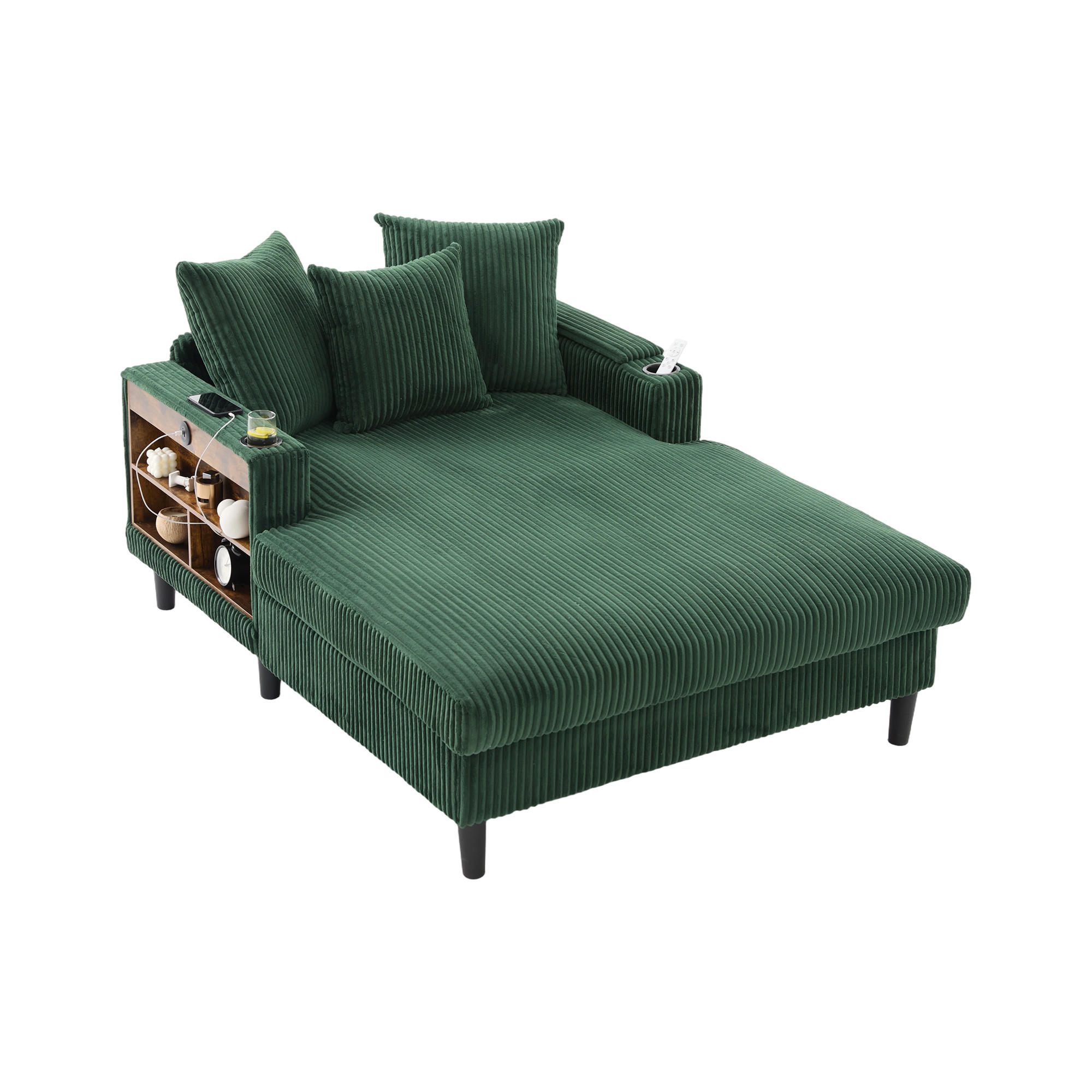 CHAISELONGUE Cord Smaragdgrün mit LED, Stauraum, USB und Becherhaltern - Smaragdgrün, Kunststoff/Textil (129/70/170cm) - WISHDOR