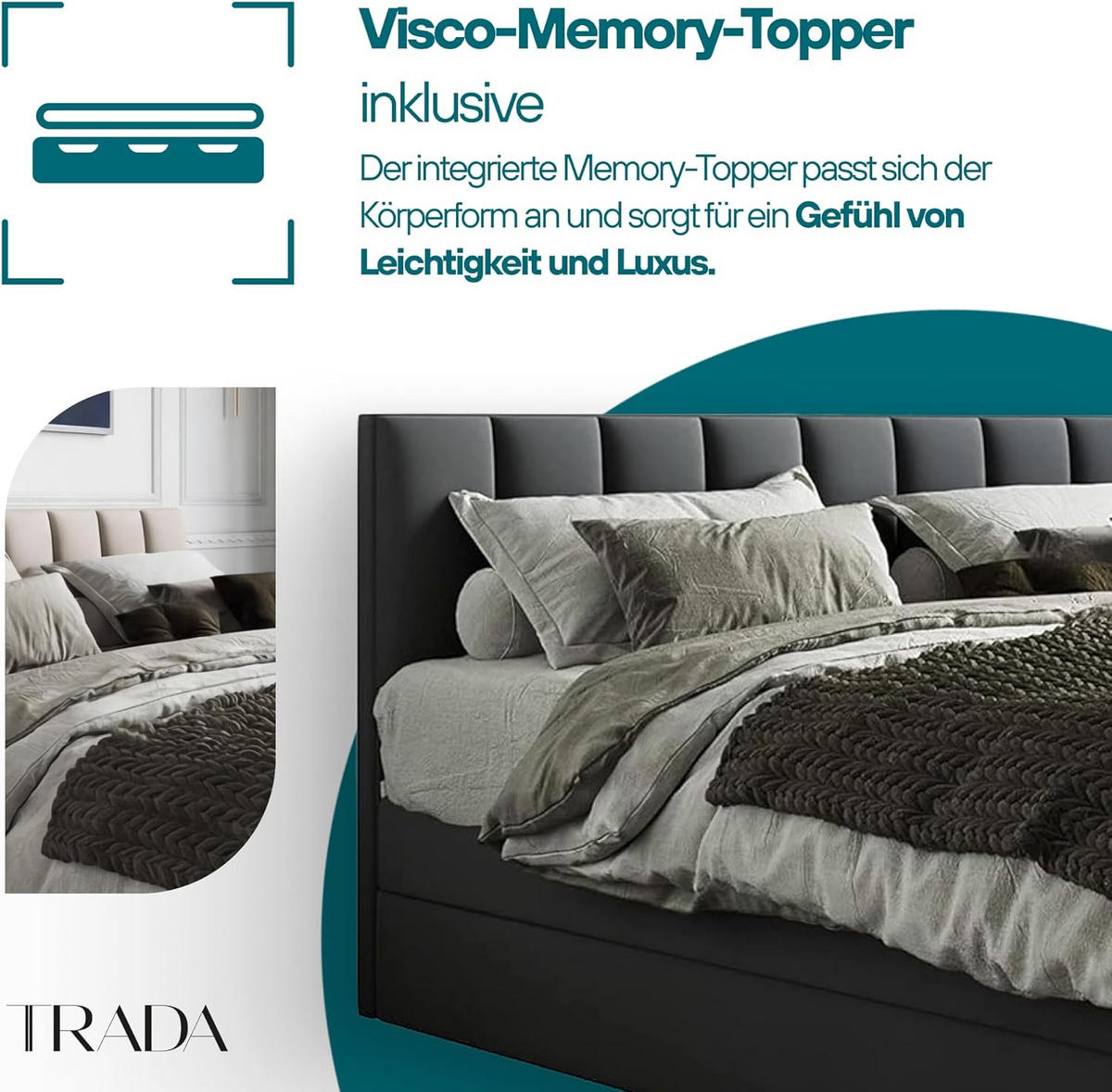 BOXBETT mit Bettkästen und Matratze - Bett Gusto mit Topper aus Memory Visco - Dunkelgrau - 140 x 200 cm - Dunkelgrau, Holzwerkstoff/Kunststoff (140/200cm) - Trada