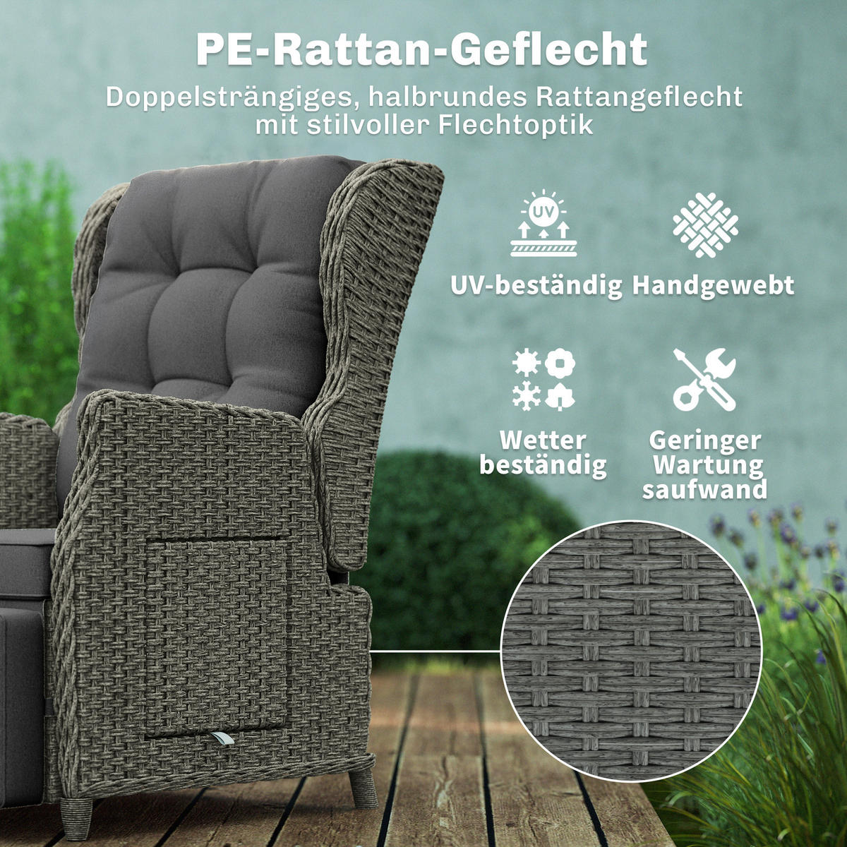 RATTANSTUHL PE-Geflecht Metall Dunkelgrau - Dunkelgrau/Schwarz, Textil/Metall (58/98.5/81cm) - Outsunny