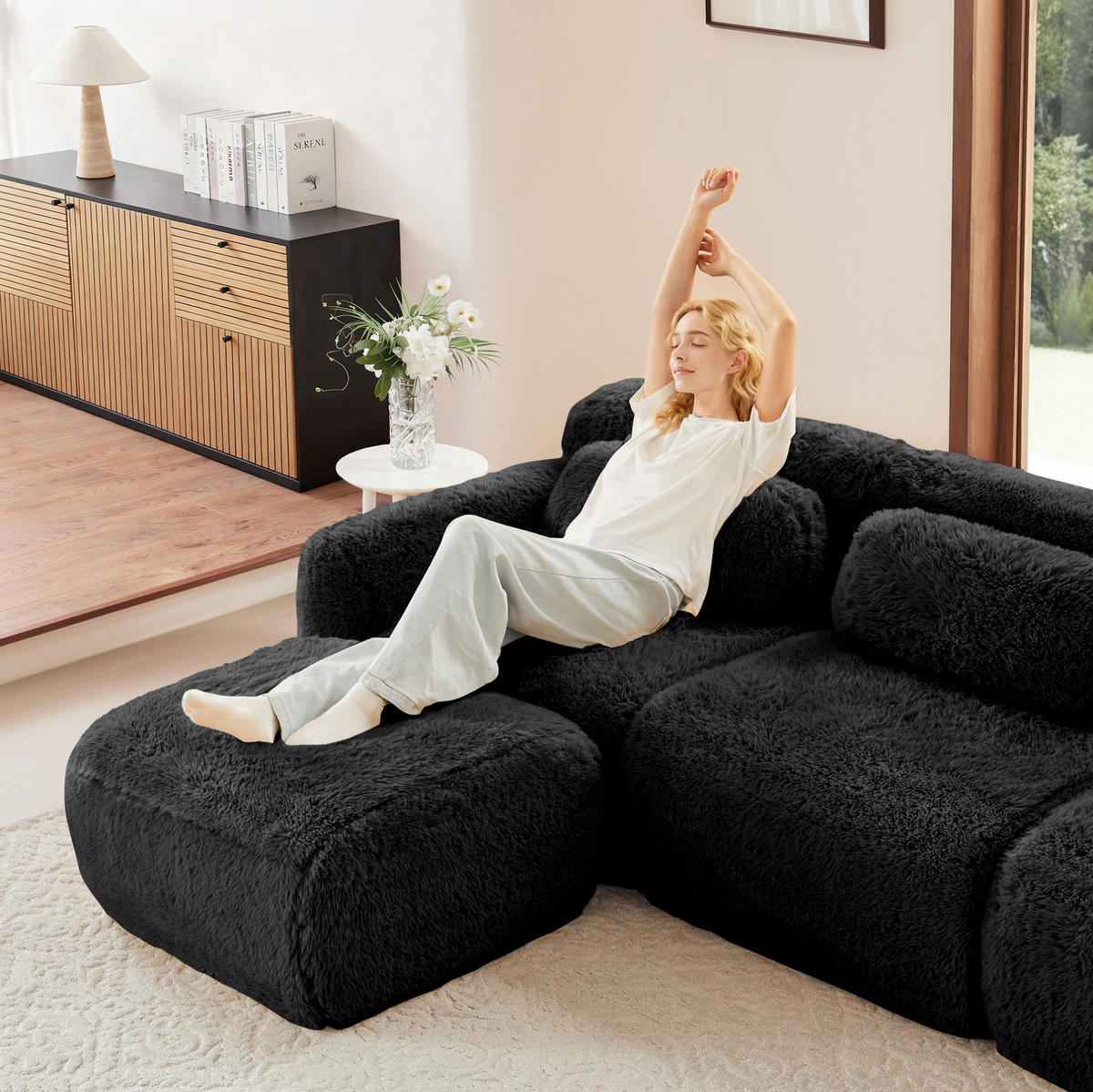 ECKSOFA 291/179/73 cm schwarz aus Plüsch rahmenlos und modular - Schwarz, Textil (179/291cm) - OKWISH