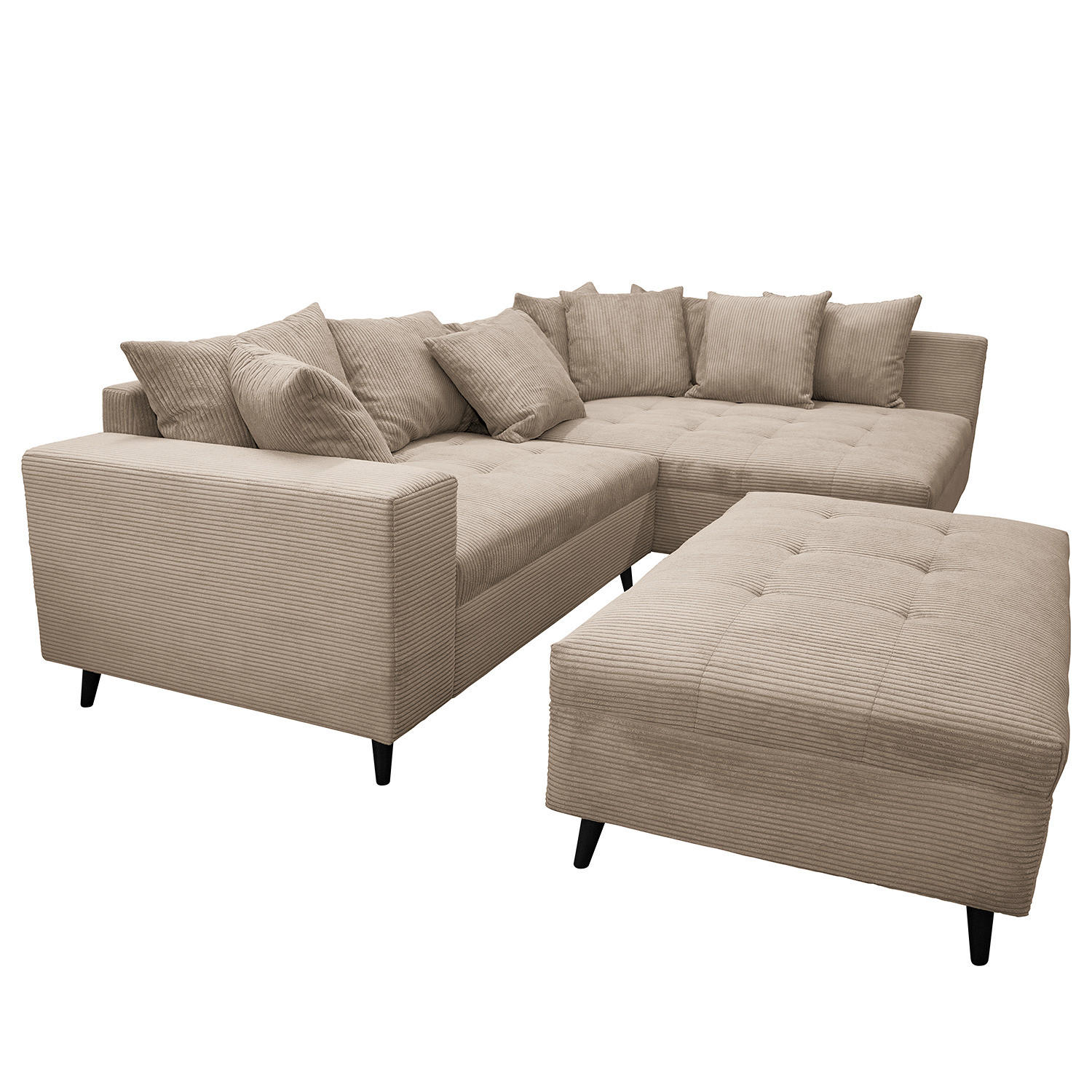 ECKSOFA mit Ottomane und Hocker - Schwarz/Cappuccino, Birkenholz/Textil (247/174cm) - home24