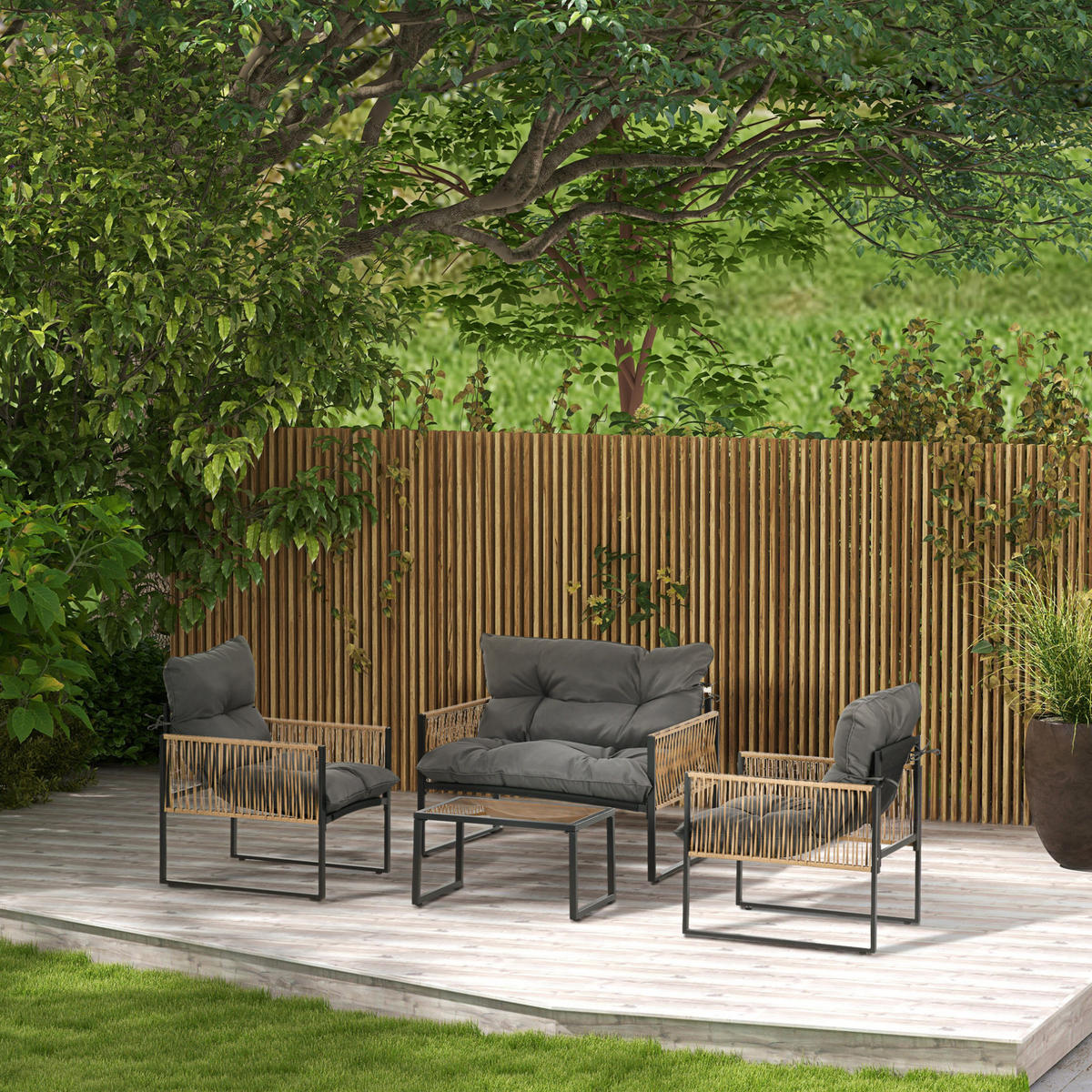GARTENMÖBEL-SET 106/70/72 cm mit Glastisch, Sitzkissen und wetterbeständigem Polyrattan, Dunkelgrau - Dunkelgrau, Holzwerkstoff - Redom