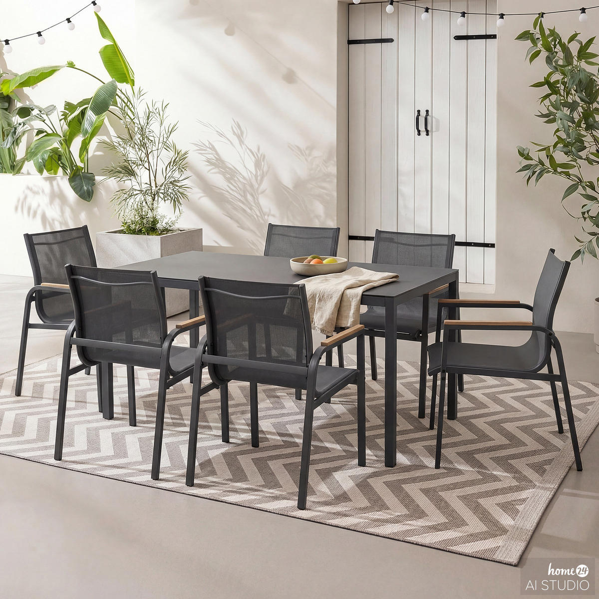 GARTENESSGRUPPE - 7-teilig - Stahl / Glas / Olefin - Anthrazit, Glas/Textil - home24