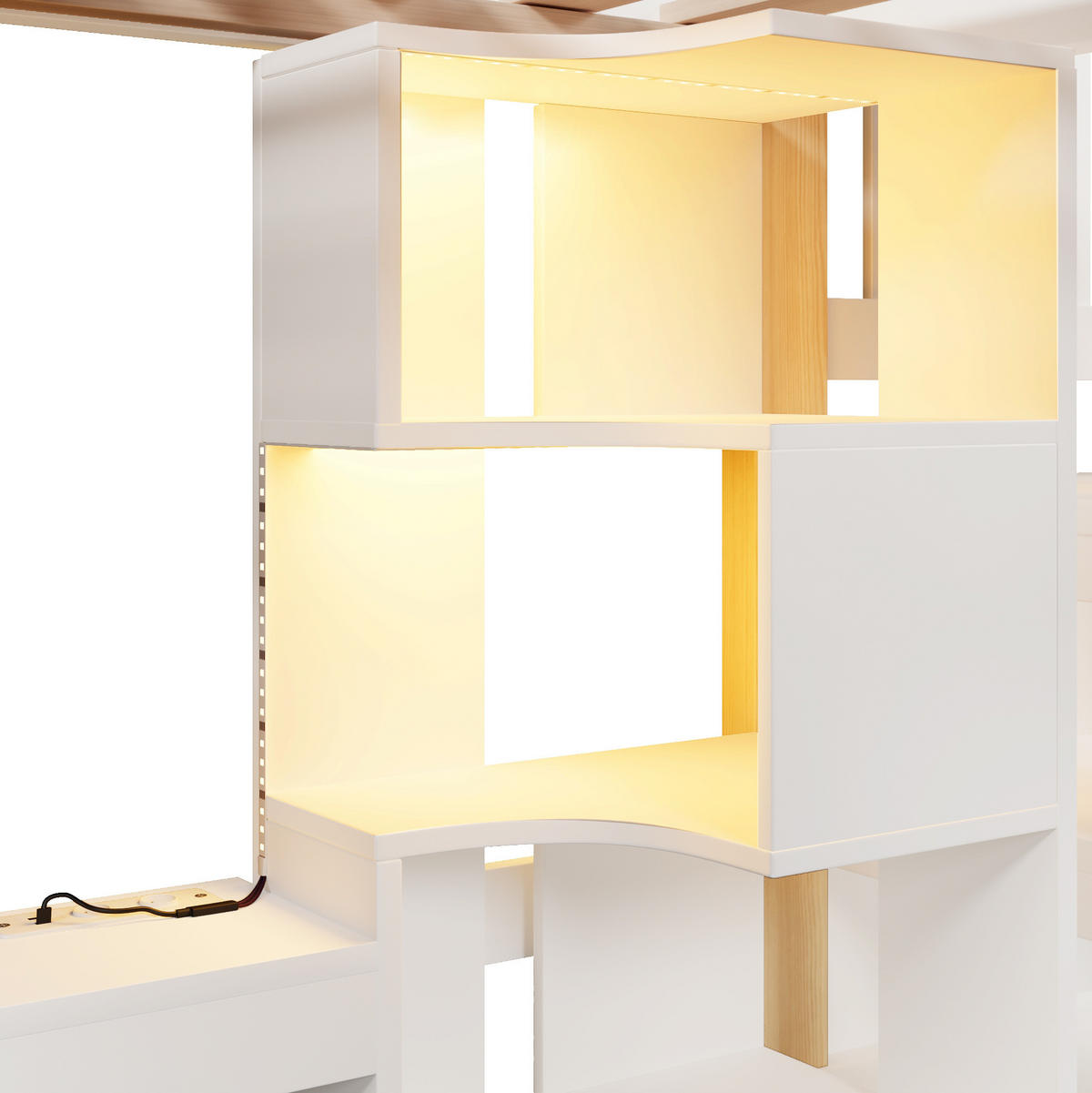 HOCHBETT 90/200 cm mit LED-Beleuchtung, Schreibtisch und Ablageleiter in Weiß/Natur - Weiß, Holz (140/200cm) - Flora Grace