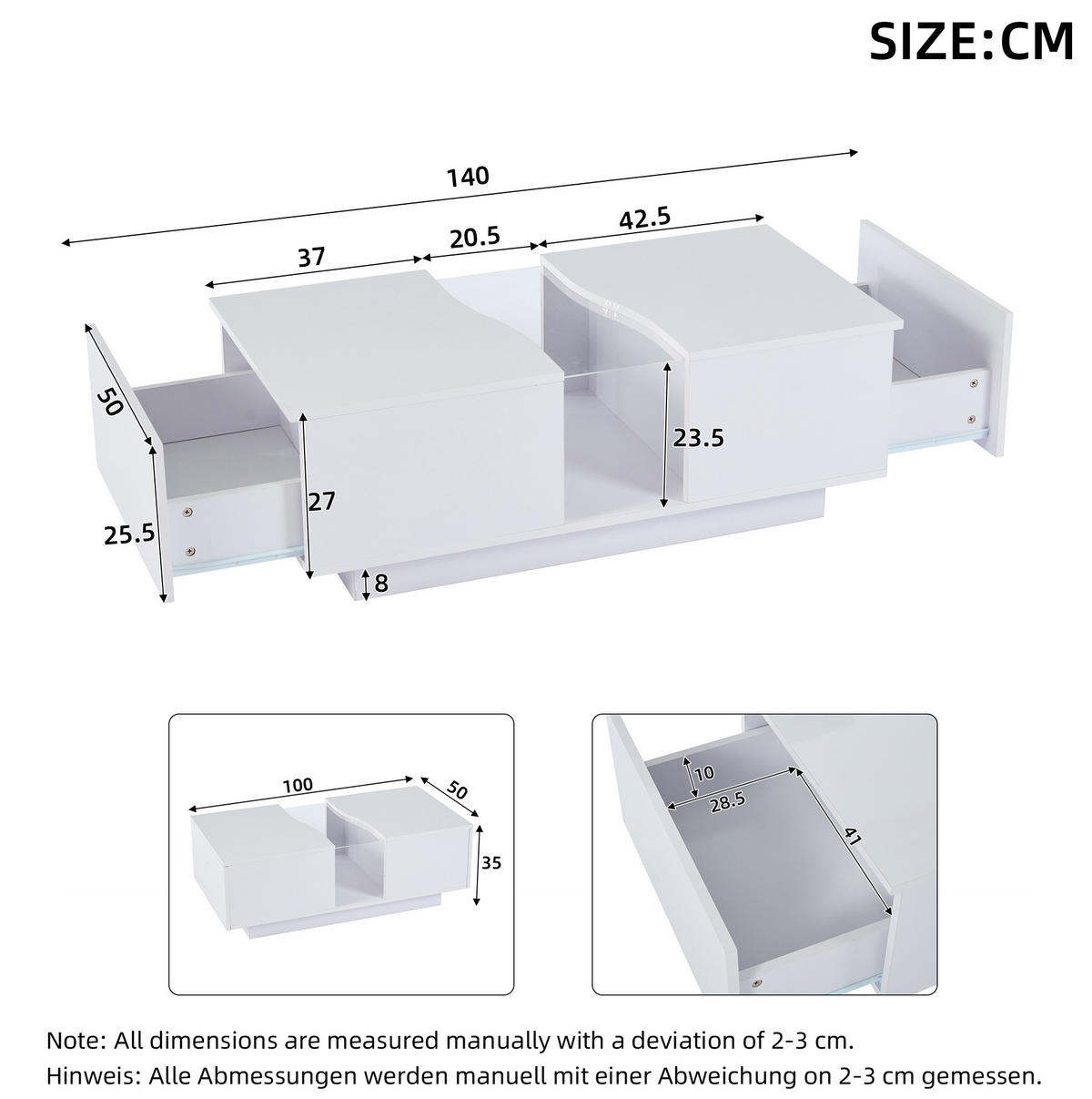 COUCHTISCH 100/50/35 cm Weiß Hochglanz mit 2 Schubladen und LED-Beleuchtung - Weiß, Holzwerkstoff (100/50/35cm) - OKWISH