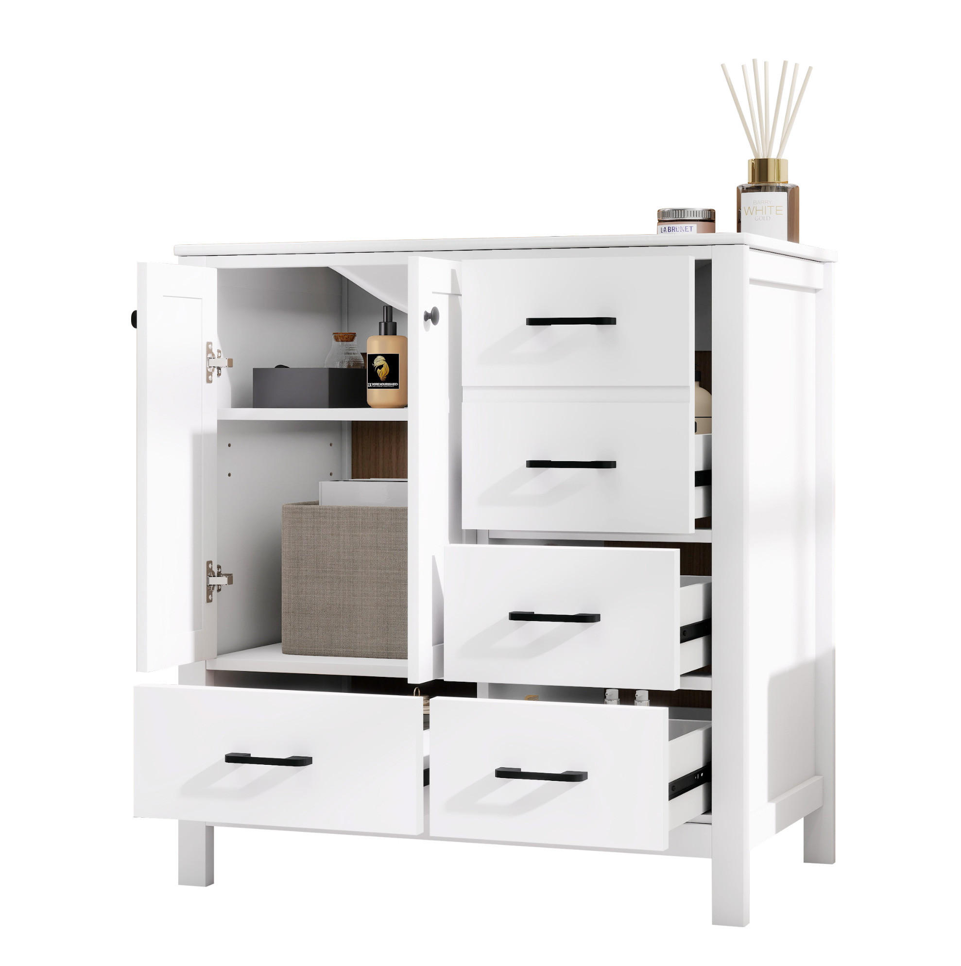 FREISTEHENDER Badezimmerschrank aus MDF und Keramik 76x46x82 cm Weiß mit Waschbecken und Stauraum - Weiß, Keramik (76/82/46cm) - Modfu