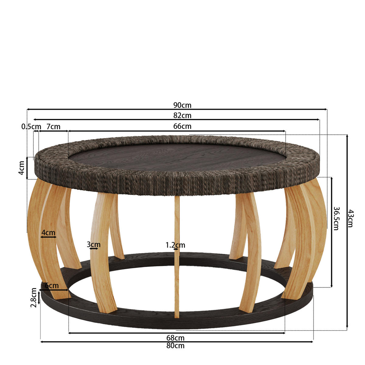 COUCHTISCH in Schwarz Rattan-Kaffeetisch für Wohnzimmer oder Esszimmer, B90/T90/H43cm - Schwarz/Naturfarben, Holz/Holzwerkstoff (90/90/43cm) - STILVORA
