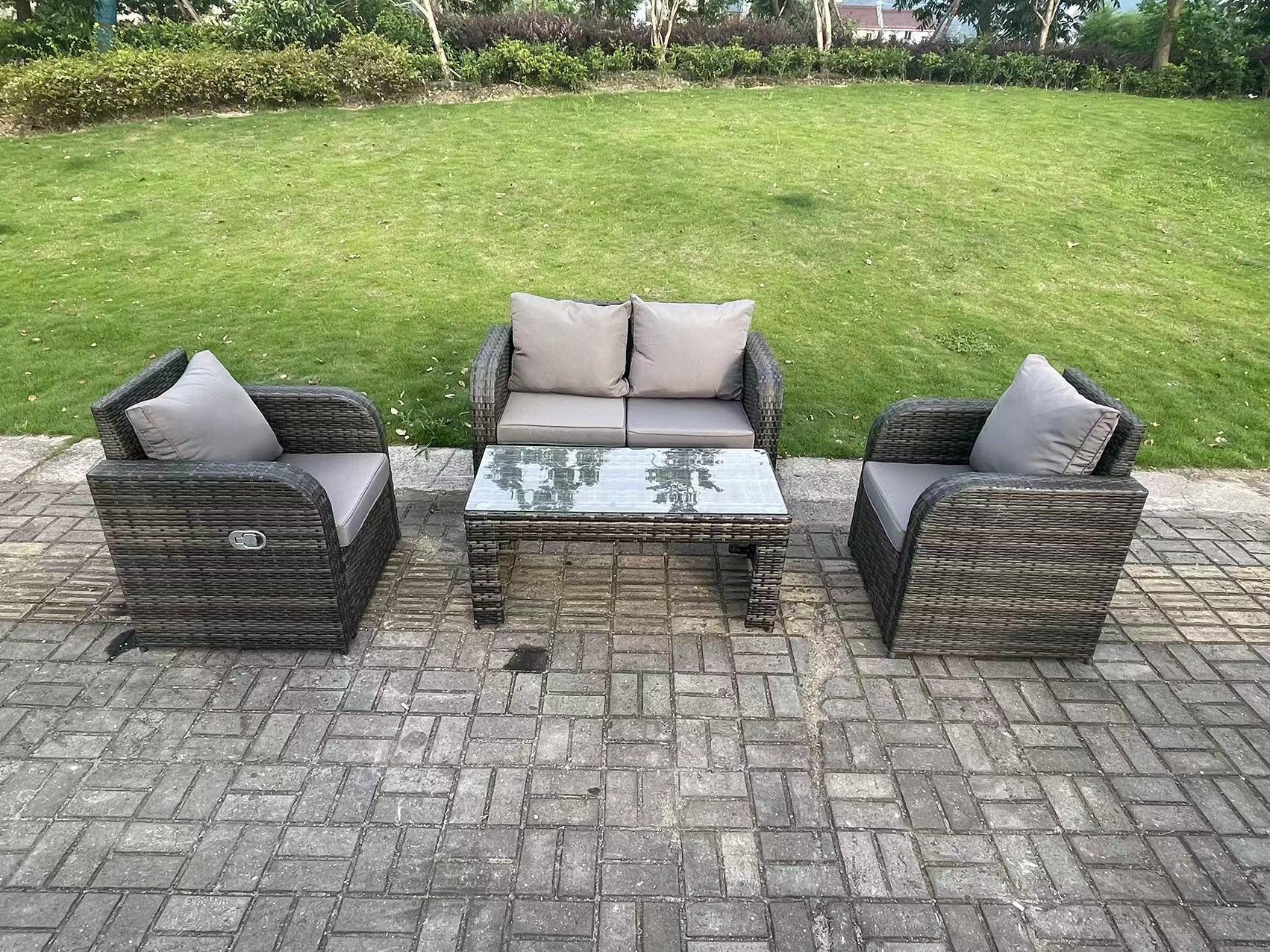 GARTENMÖBELSET mit Couchtisch Polyrattan 4-Sitzer - Dunkelgrau/Grau, Glas/Kunststoff - Fimous