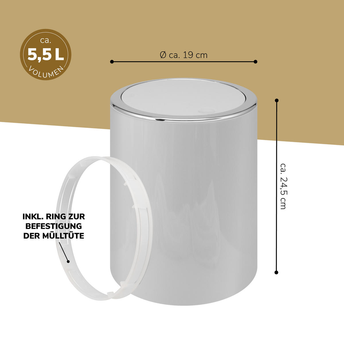 KOSMETIKEIMER SAVONA 5,5 Liter, grau - Hellgrau, Kunststoff (19/24.5/19cm) - bremermann