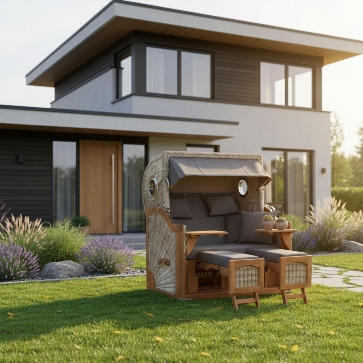 STRANDKORB XXL Düne Grande Teak PE Shell - Braun/Grau, Metall (142/170/95cm) - Mr. Deko