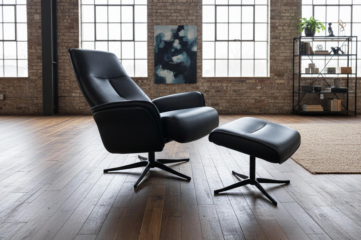 RELAXSESSEL-SET JOSIANE Schwarz Leder Relaxfunktion - Schwarz, Leder/Metall (78/107/87cm) - KAWOLA