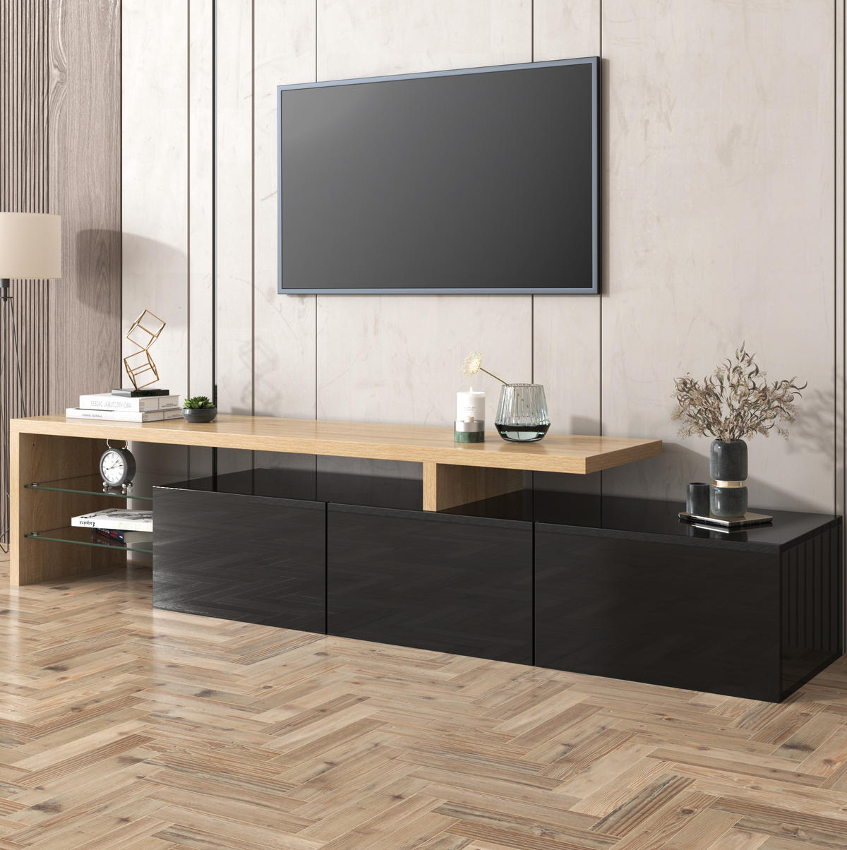 TV-SCHRANK und Glas in Schwarz Hochglanz und Holzoptik mit LED 197.5/39/42 cm - Schwarz, Holzwerkstoff (197.5/42/39cm) - Redom