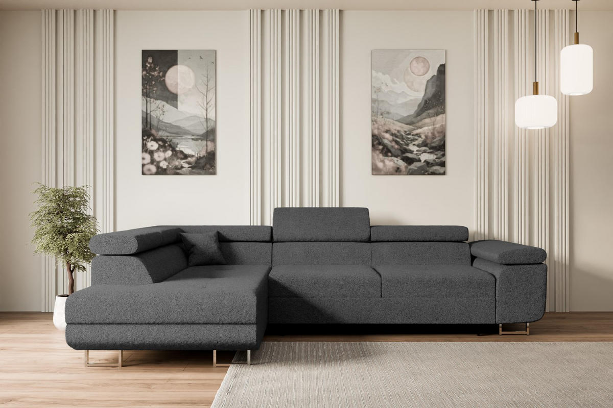 ECKSOFA mit Schlaffunktion und Bettkasten GUSA-L 272x202x107 cm Grau Bouclé - Silberfarben/Grau, Holzwerkstoff/Textil (202/272cm) - ALTDECOR