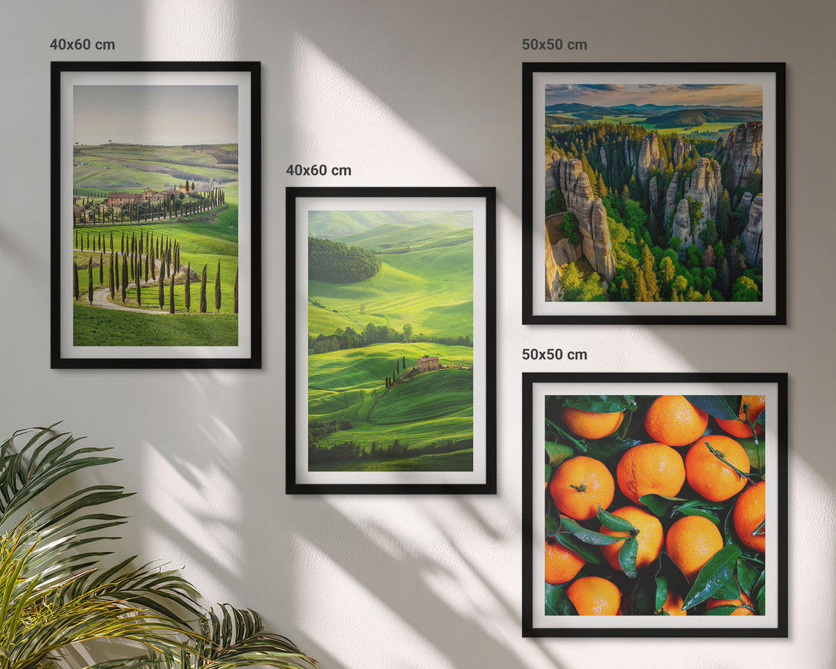 BILDER SET 4er Set - 50x50 cm & 40x60 cm Schwarzer Rahmen - Italienische Landschaft Orangen Natur - Schwarz, Kunststoff (50/50cm) - TULUP