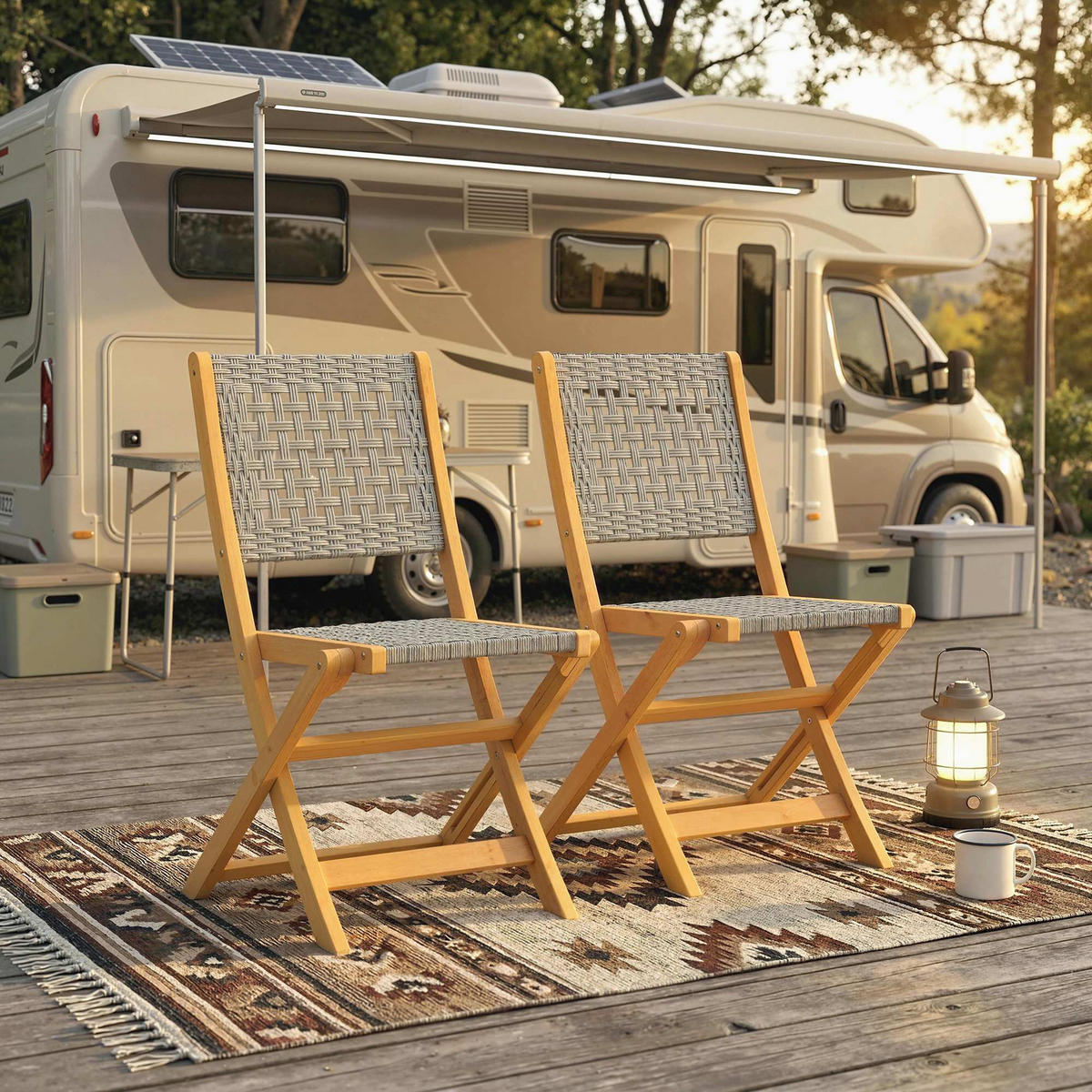 GARTENSTÜHLE DE-07600 2er-Set, klappbar aus Massivholz & Polyrattan - Grau, Holz/Kunststoff (47.5/88/56cm) - ComfortXL