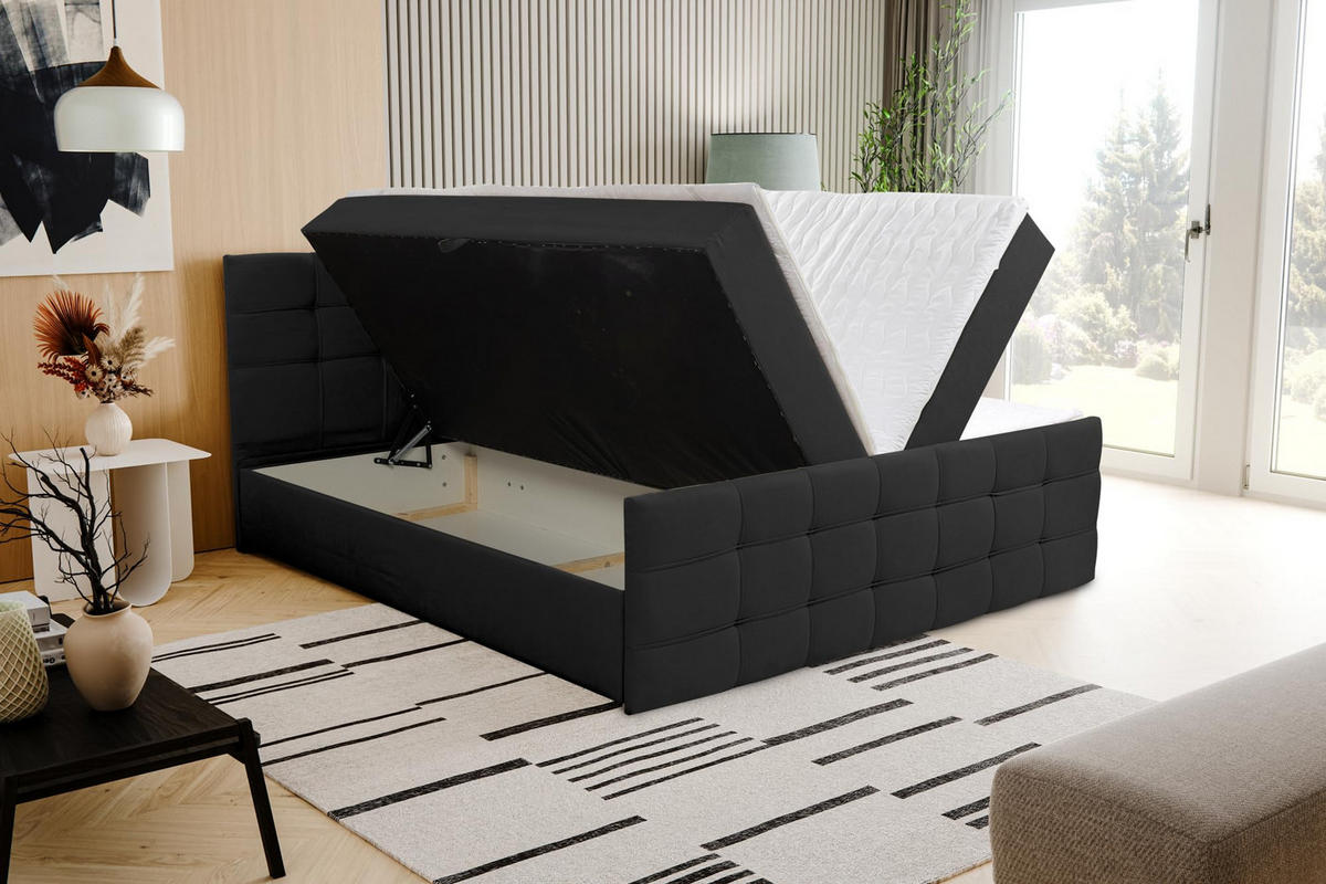 BOXBETT NATALIE mit 2 Bettkästen, 160x200, Farbe: Schwarz, Velourstoff, mit Bonell-Matratze inkl. Topper - Schwarz, Holz/Kunststoff (160/200cm) - VENASI MÖBEL