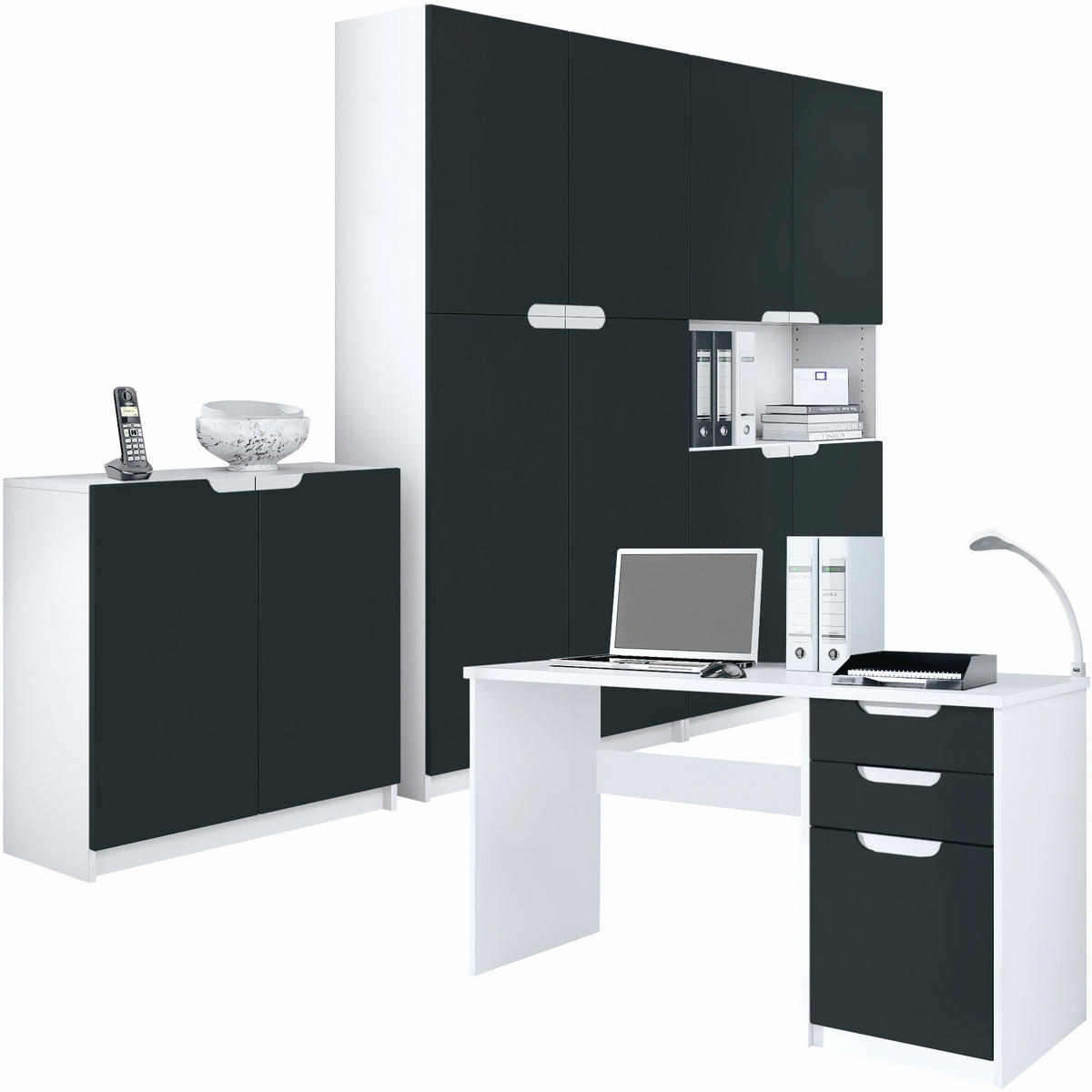 BÜROMÖBELSET Logan Fronten in Schwarz matt - Schwarz, Holzwerkstoff (246/185/60cm) - Vladon