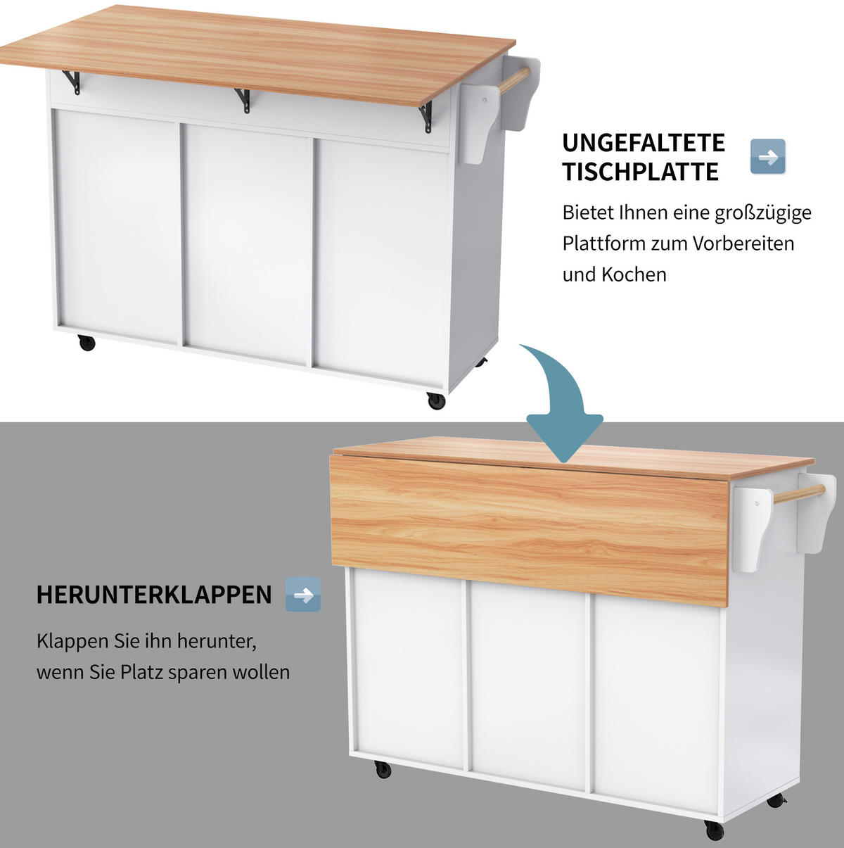 KÜCHENINSEL 129/71/91,5 cm weiß natur mit Klapptischplatte - Weiß, Holzwerkstoff (129/91.5/71cm) - OKWISH