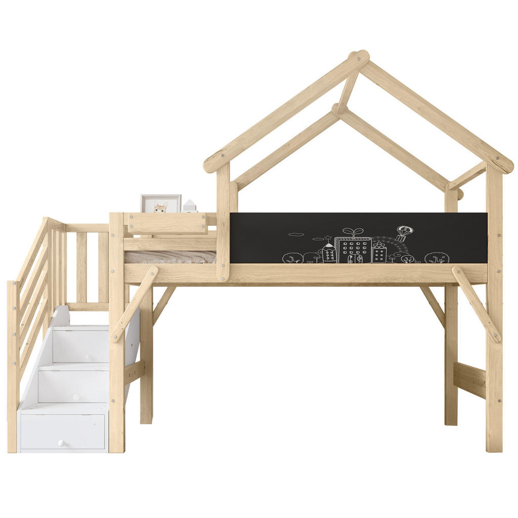 Modfu PATROVÁ postel ze dřeva 90x200 cm bílá/přírodní se střechou, tabulí, úložnými schody a ochrannou zábranou