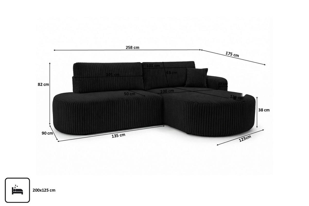 ECKSOFA Mit Schlaffunktion Und Bettkasten, Cordstoff Tilia, Schwarz, Rechts, ROUND ONE OPEN XL - Schwarz, Holz (258/175cm) - Kaiser Möbel