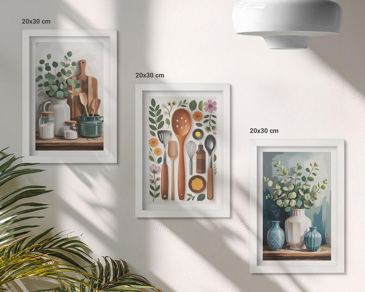 WANDBILDER 3er-Set - 20x30 cm Weißer Rahmen - Küchenaccessoires auf pflanzlicher Basis - Weiß, Kunststoff (20/30cm) - ArtPrintCave