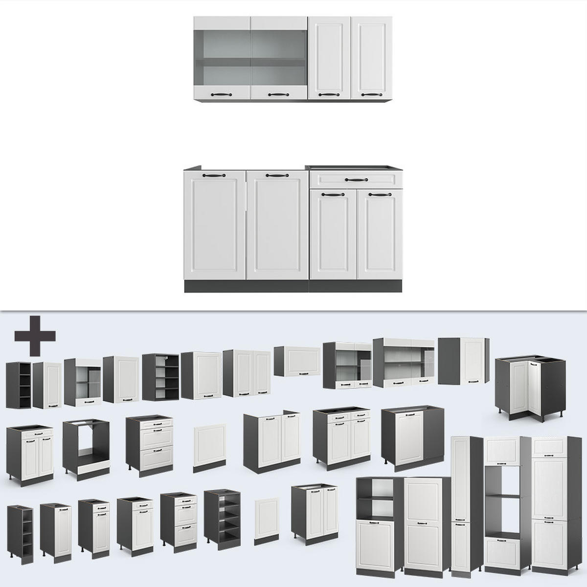 KÜCHENZEILE R-Line Weiß Landhaus/Anthrazit 140 cm, AP Eiche - Anthrazit/Weiß, Holzwerkstoff (140/81.6/60cm) - Vicco