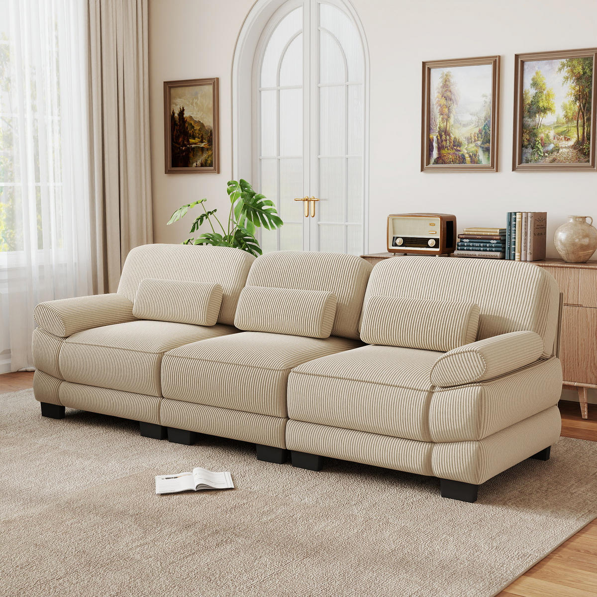 3-SITZER-SOFA mit Lendenkissen, Cordbezug, DE-42659, Beige - Beige, Holz (265/94/88.5cm) - ComfortXL